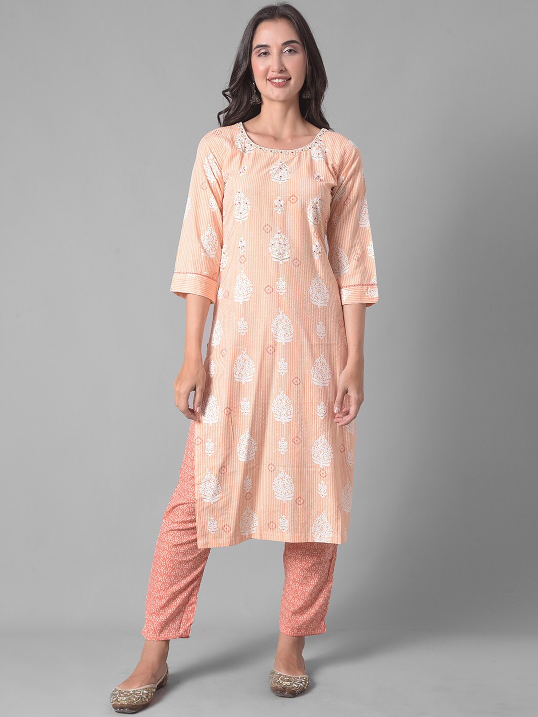 

Dollar Missy Ethnic Motifs Printed Regular Kurta With Trousers, Peach