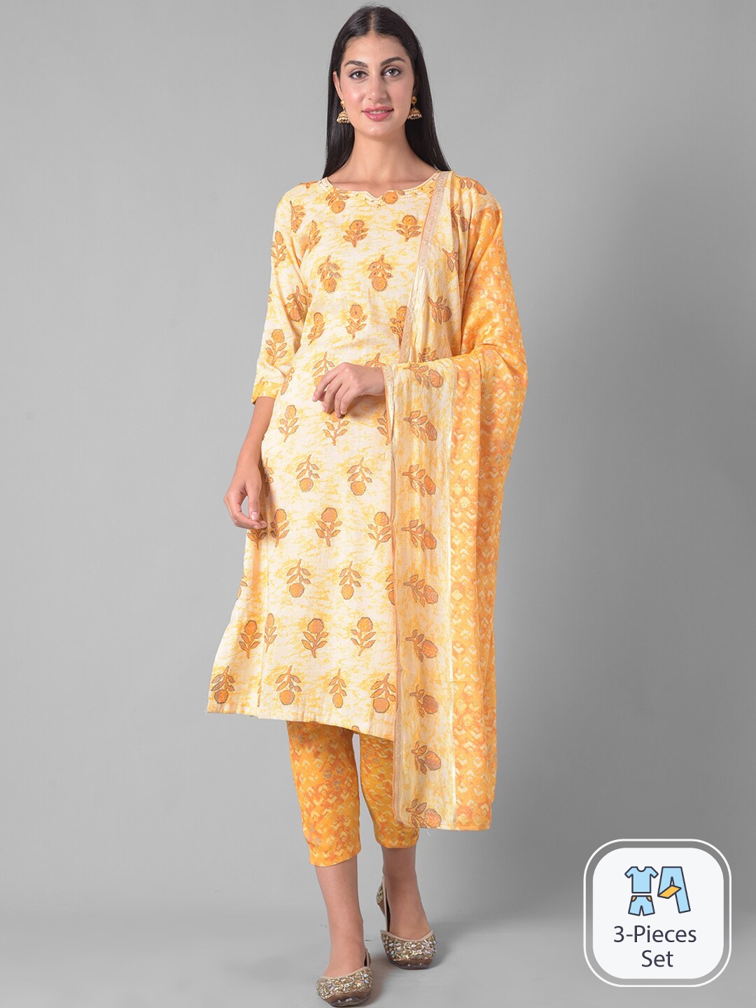 

Dollar Missy Floral Printed Regular Beads and Stones Kurta With Trousers & Dupatta, Yellow