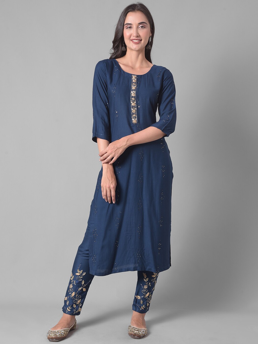 

Dollar Missy Ethnic Motifs Embroidered Regular Sequinned Kurta with Trousers, Blue