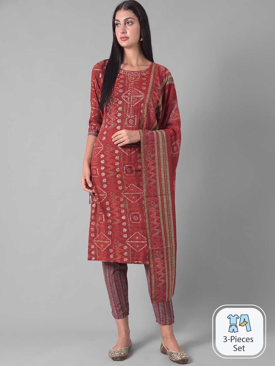 

Dollar Missy Ethnic Motifs Printed Regular Kurta With Trousers & Dupatta, Red
