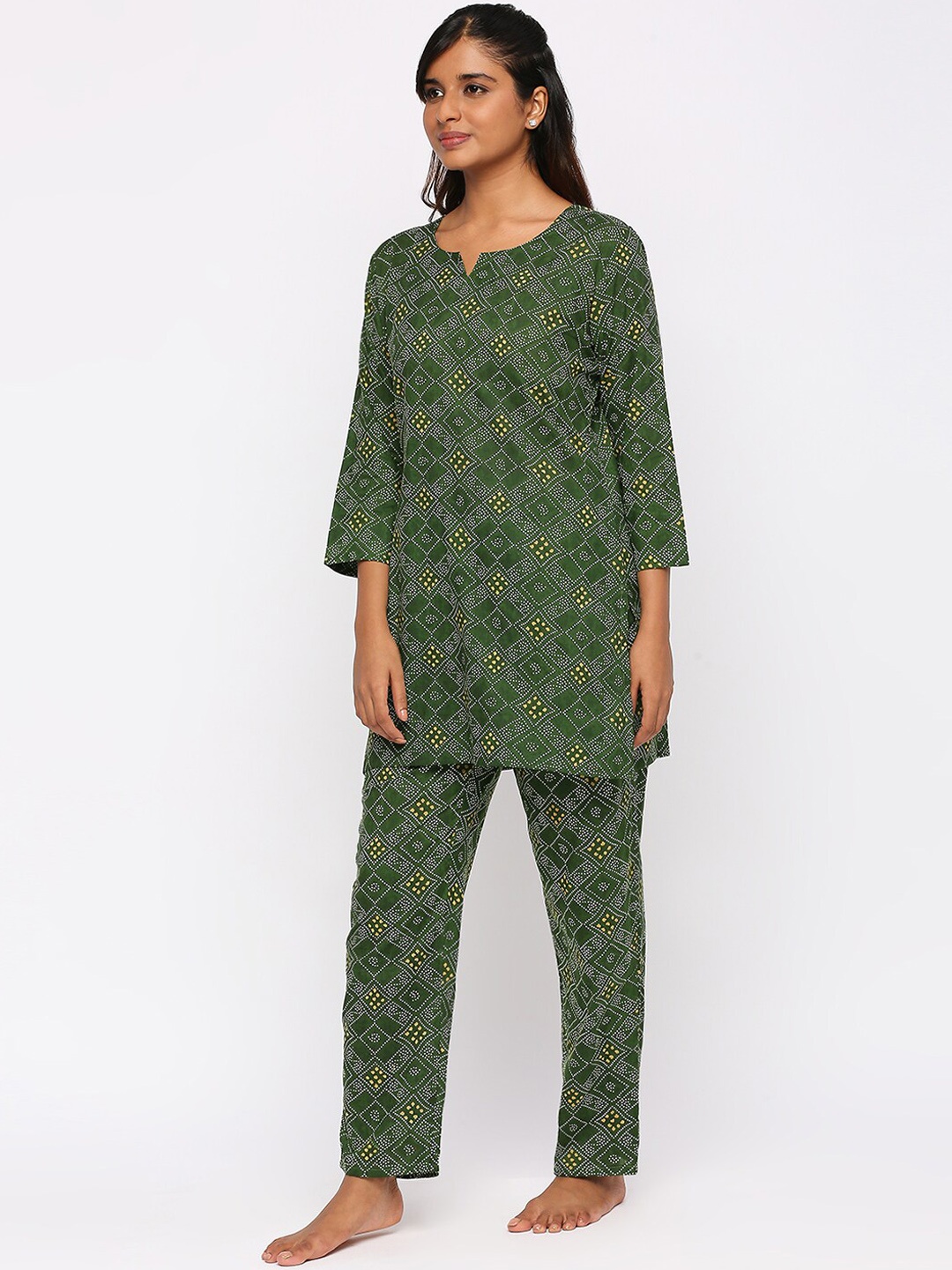 

ZRI Ethnic Motif Printed Pure Cotton Night suit, Green
