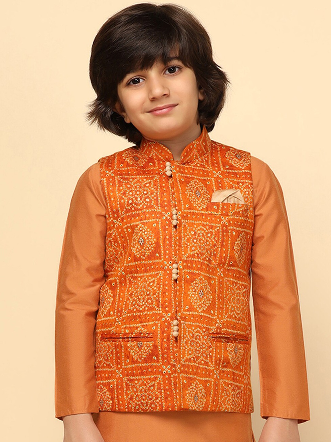 

KISAH Boys Printed Regular Fit Bandhni Print Nehru Jacket, Orange