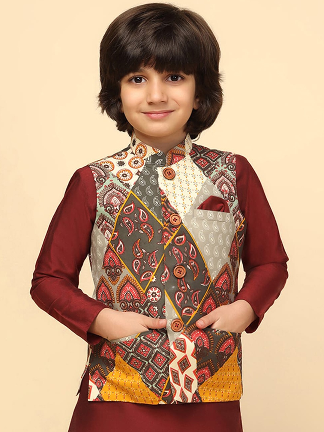 

KISAH Boys Abstract Printed Regular Fit Nehru Jacket, Grey