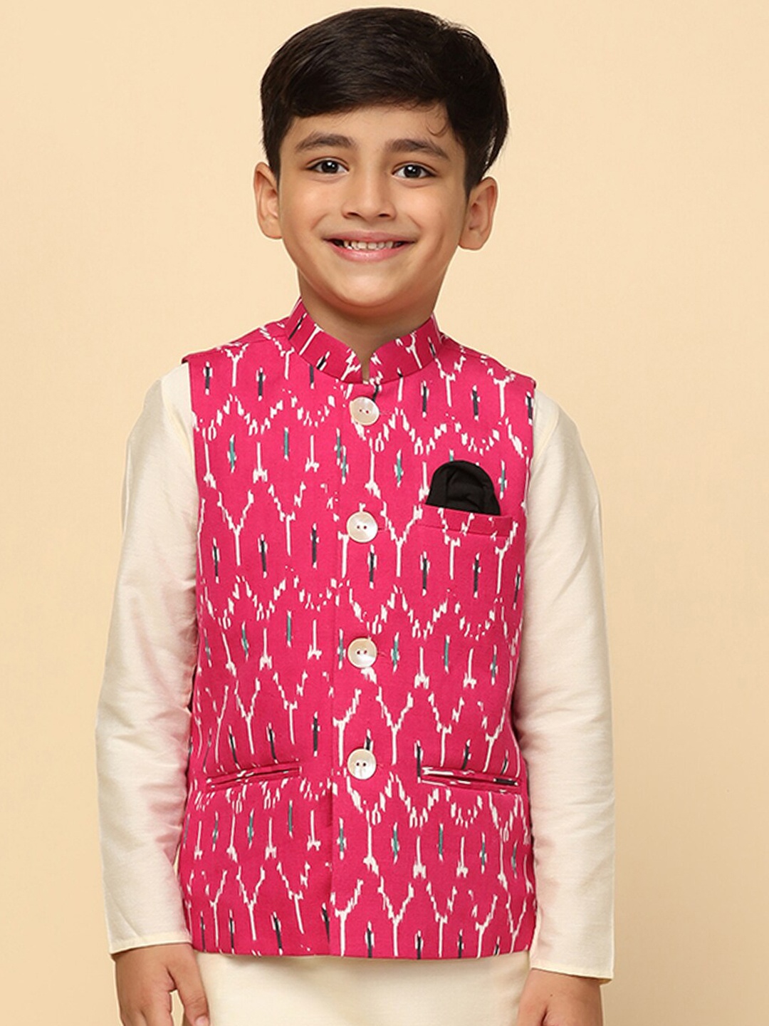 

KISAH Boys Geometric Printed Regular Fit Nehru Jacket, Pink