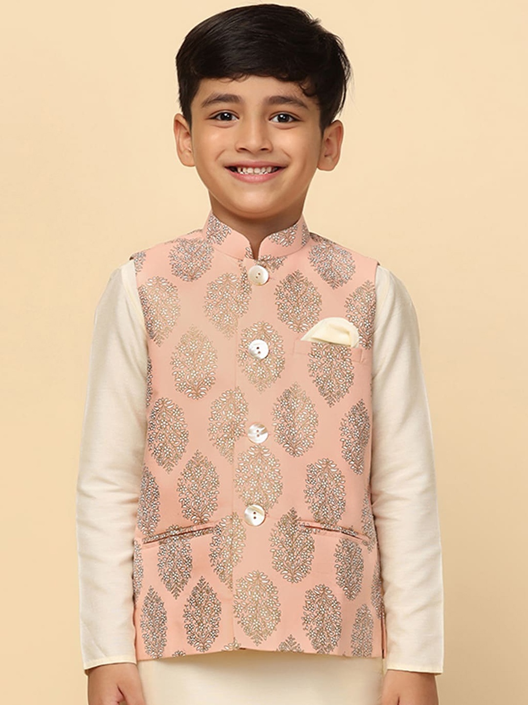 

KISAH Boys Floral Printed Regular Fit Nehru Jacket, Peach
