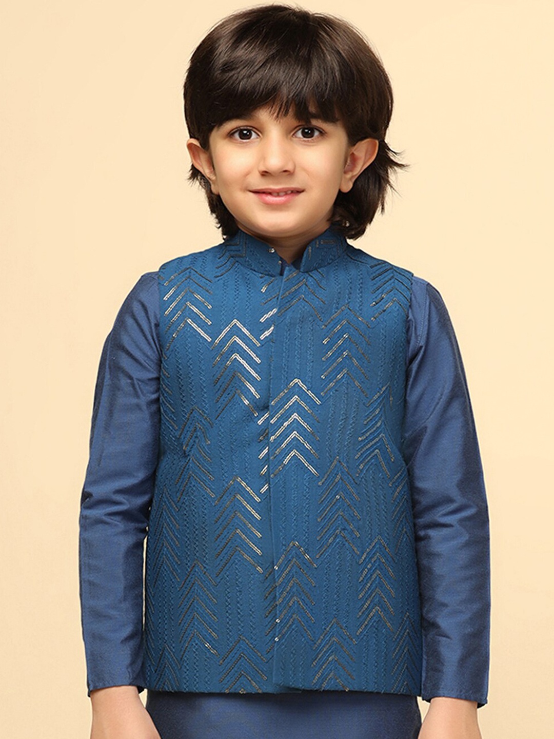 

KISAH Boys Sequined Embellished Mandarin Collar Nehru Jackets, Blue