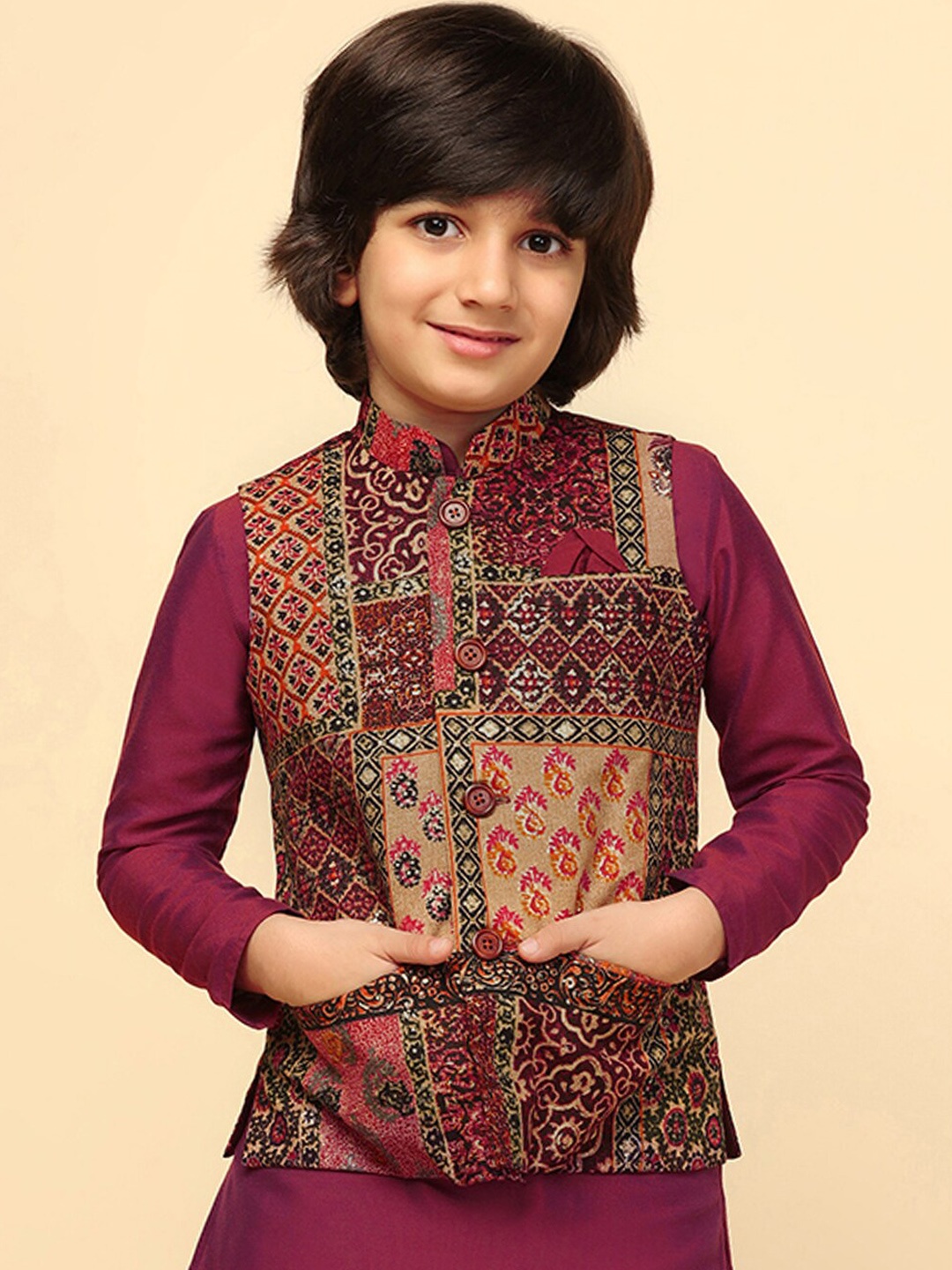 

KISAH Boys Abstract Printed Regular Fit Nehru Jacket, Burgundy