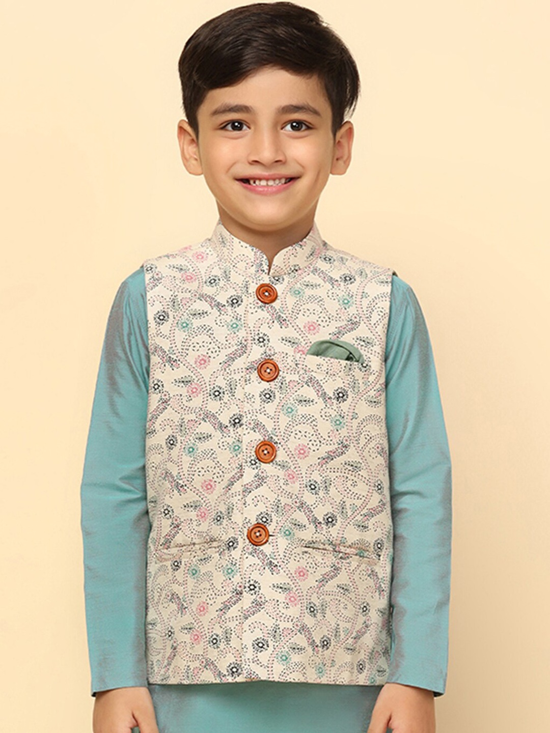 

KISAH Boys Kantha Printed Regular Fit Nehru Jacket, Cream