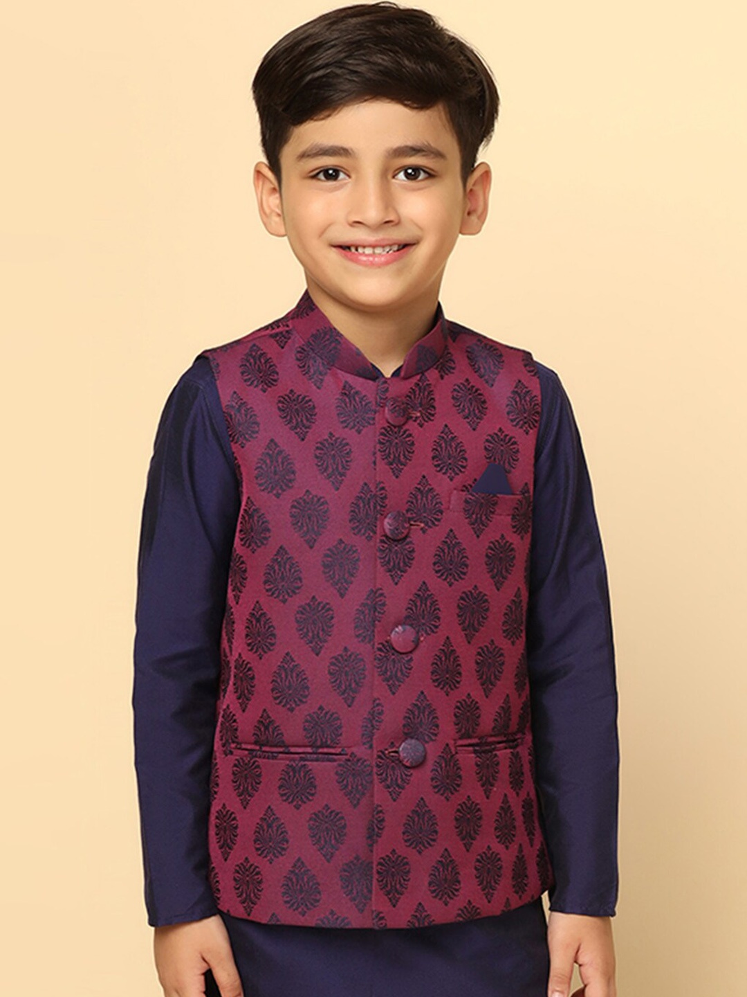 

KISAH Boys Ethnic Motifs Textured Regular Fit Nehru Jacket, Purple