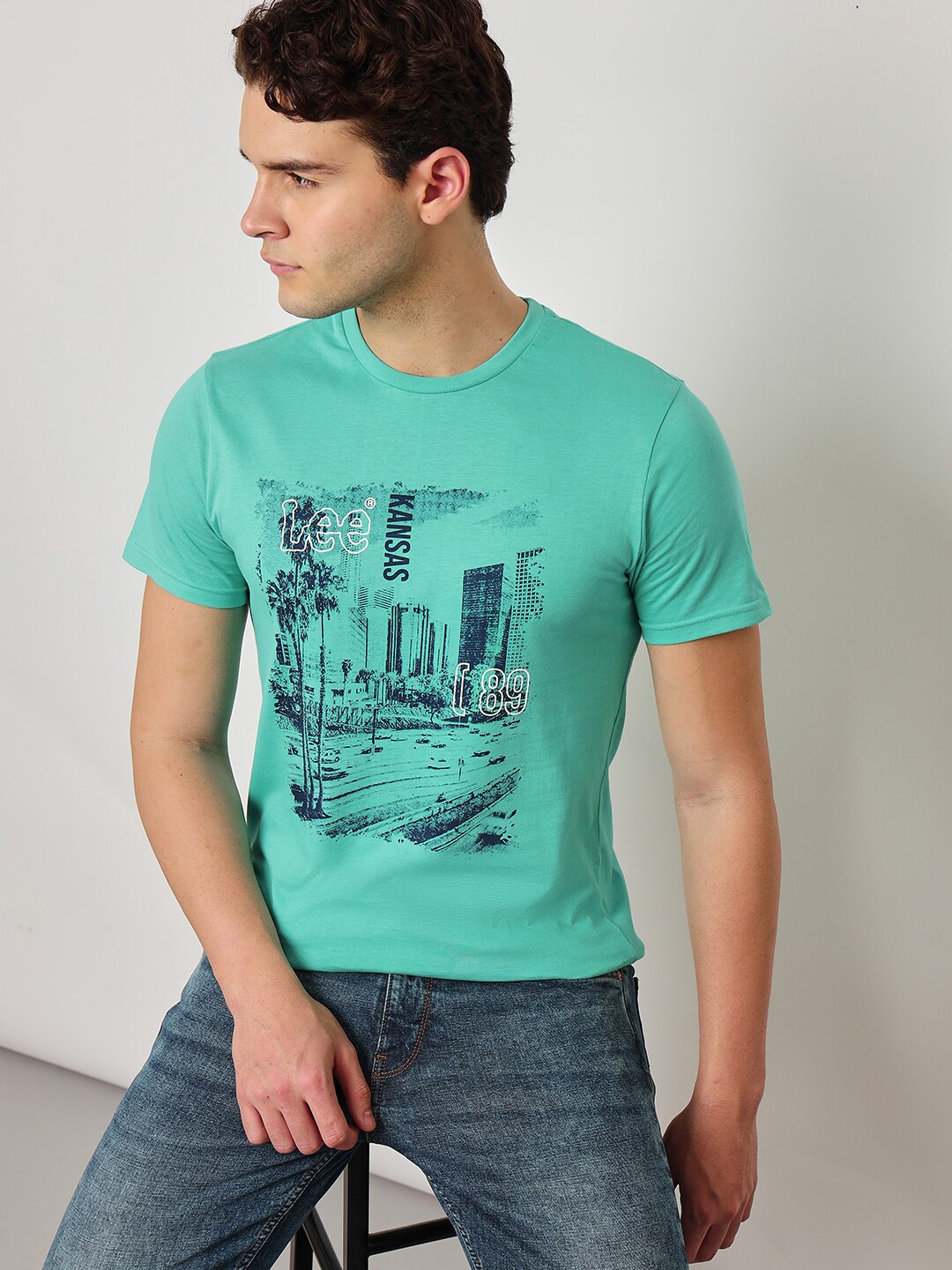 Lee Slim Fit Graphic Printed Round Neck Cotton Casual T-Shirt, Green