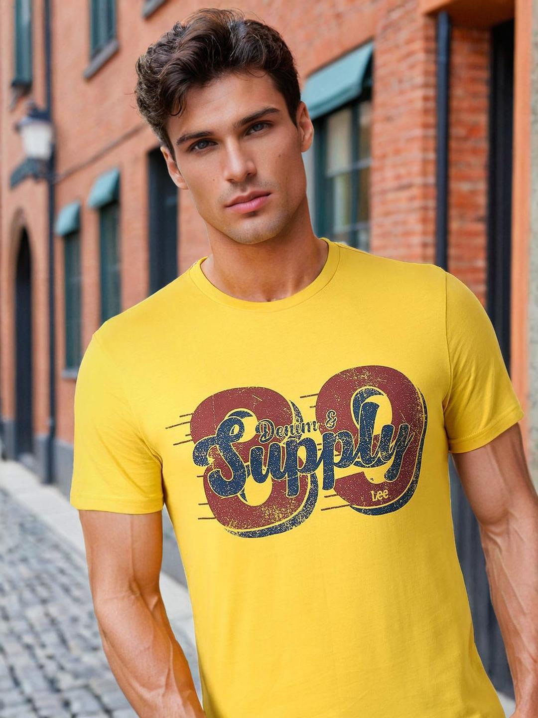 

Lee Slim Fit Typography Printed Round Neck Cotton Casual T-Shirt, Yellow