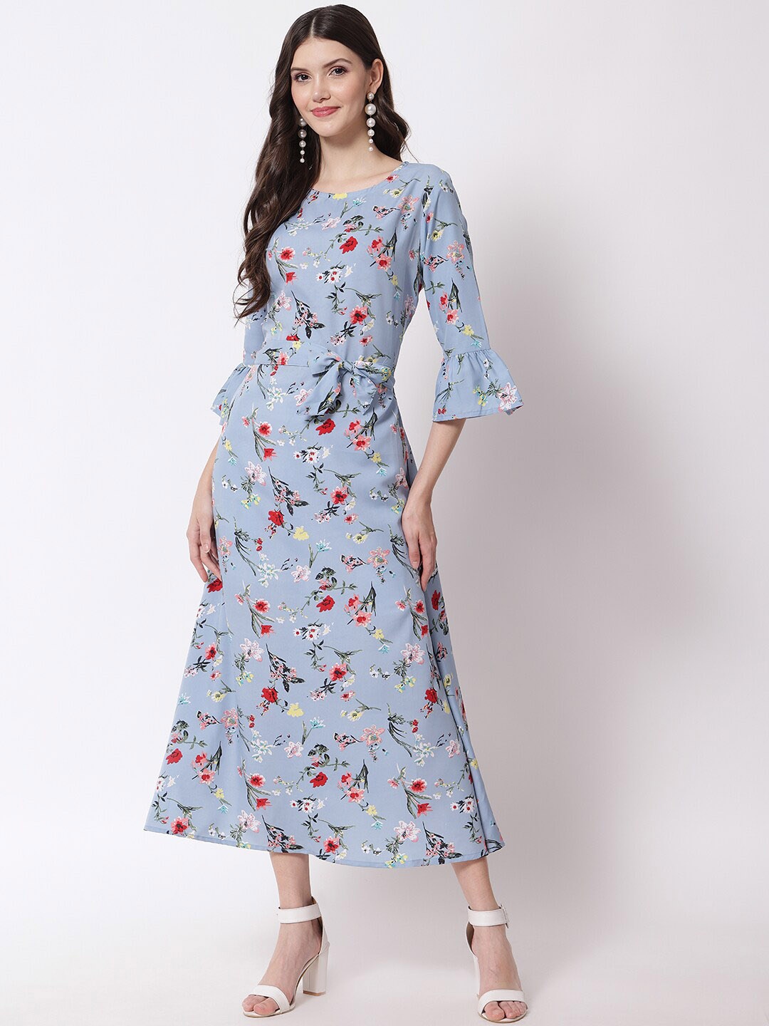 

KALINI Floral Printed Bell Seeve Belted A-Line Midi Dress, Grey