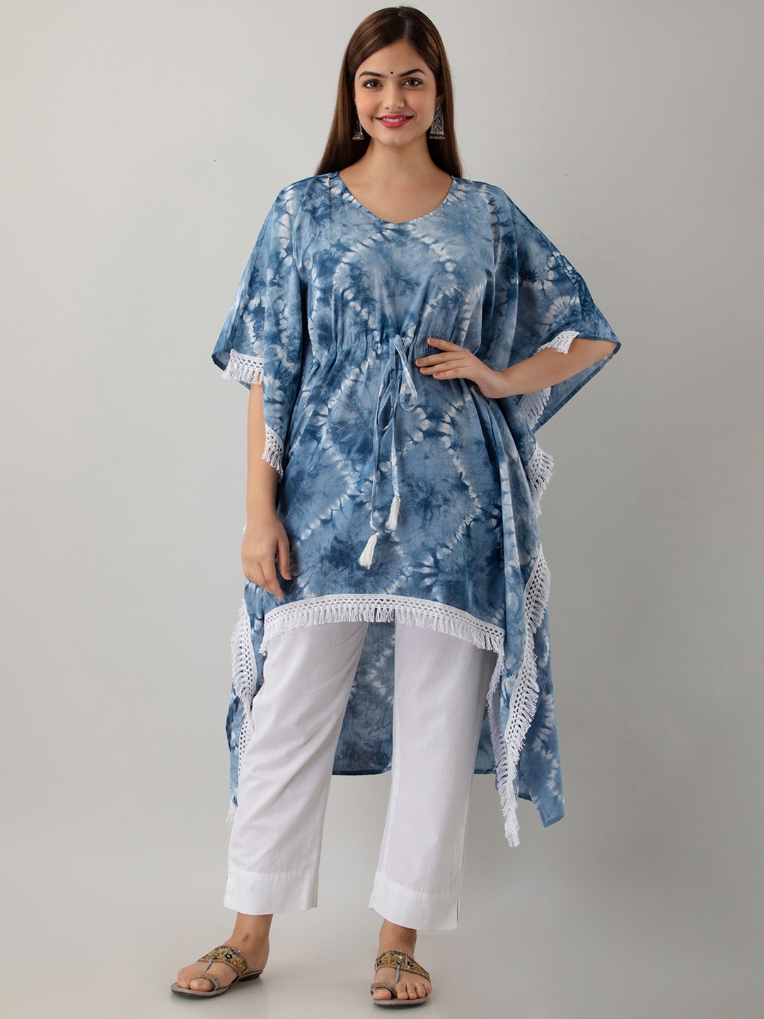 

KALINI Tie and Dyed Flared Sleeves Kaftan Kurta, Blue