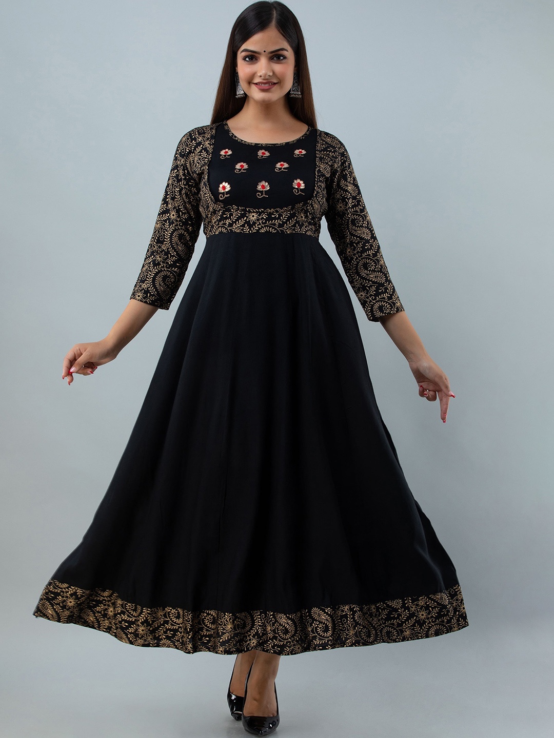 

KALINI Floral Printed Fit & Flare Ethnic Dress, Black
