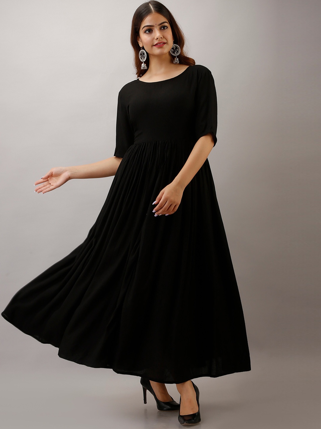 

KALINI Round Neck Flared Anarkali Ethnic Dress With Back Tie-Ups, Black