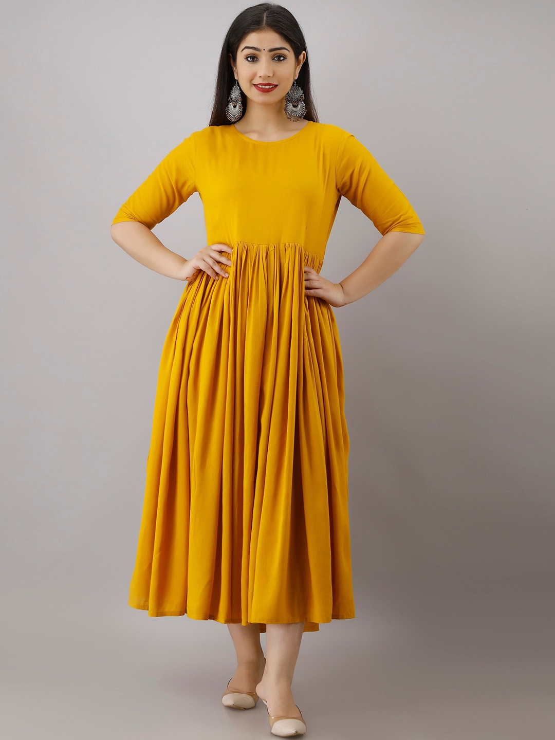 

KALINI Boat Neck Gathered Detail Fit & Flare Midi Anarkali Ethnic Dress, Yellow