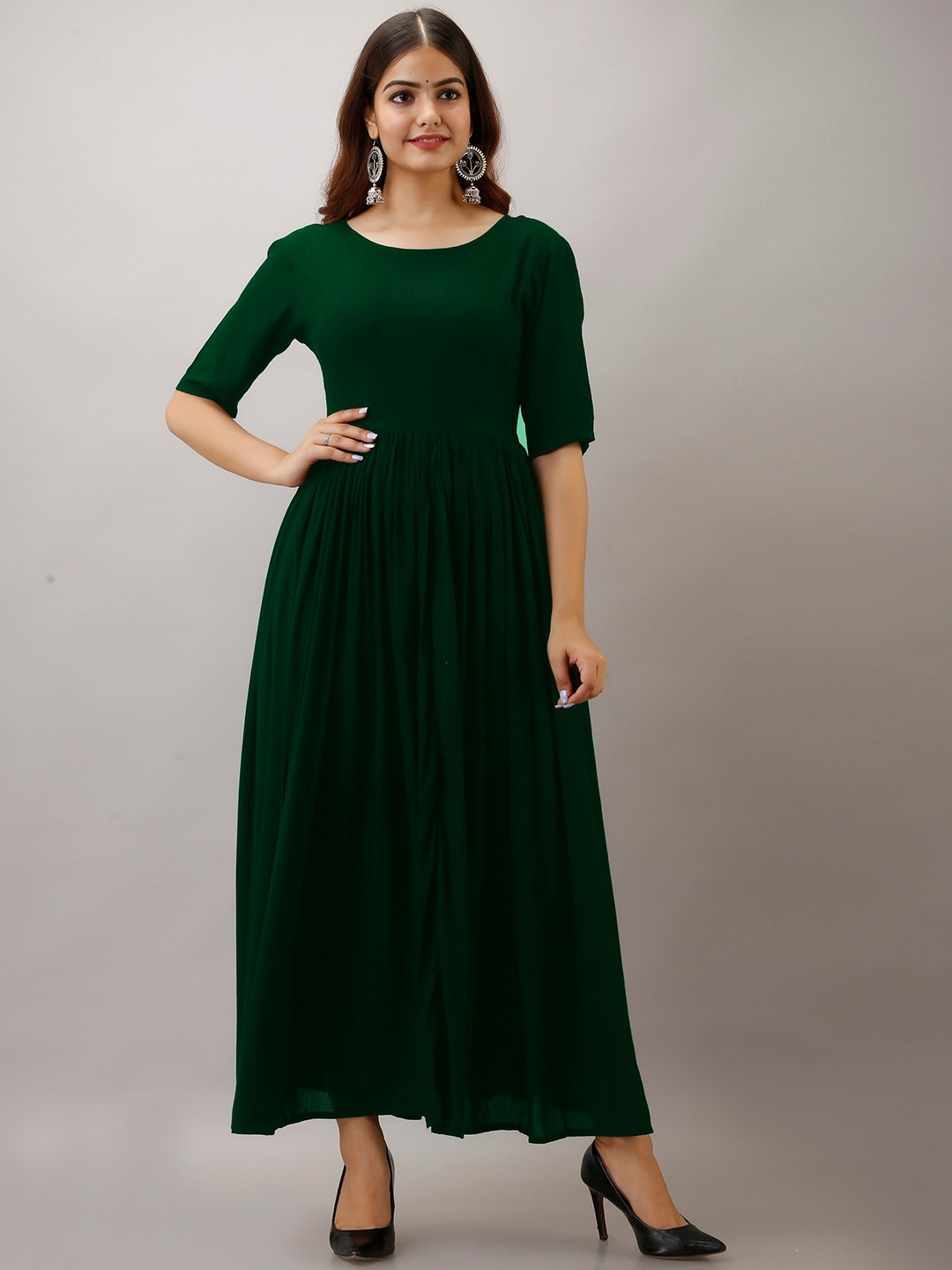 

KALINI Round Neck Flared Anarkali Ethnic Dress With Back Tie-Ups, Green