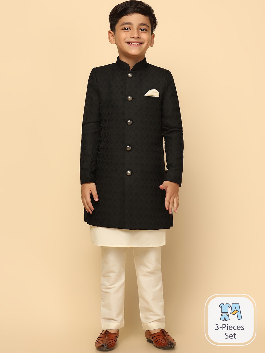 

KISAH Boys Self Design Mndarin Collar Cotton Indowestern Sherwani Set, Black