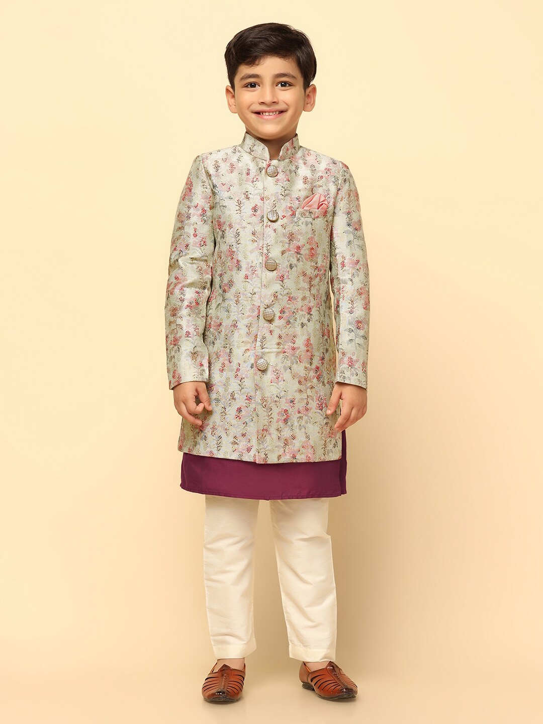 

KISAH Boys Floral Printed Mandarin Collar Cotton Indowestern Sherwani Set, Pink