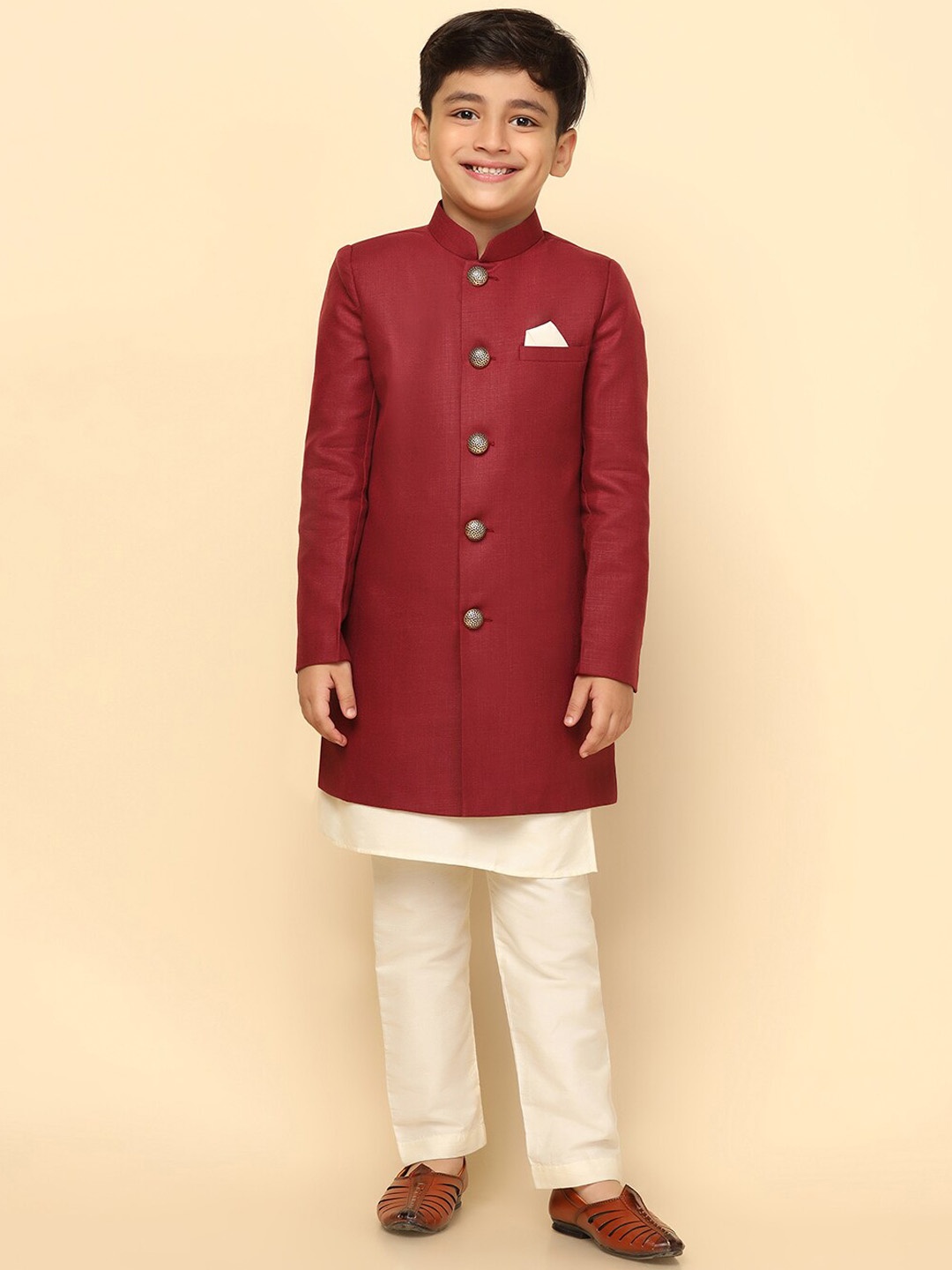 

KISAH Men Boys Mandarin Collar Cotton Indowestern Sherwani Set, Maroon