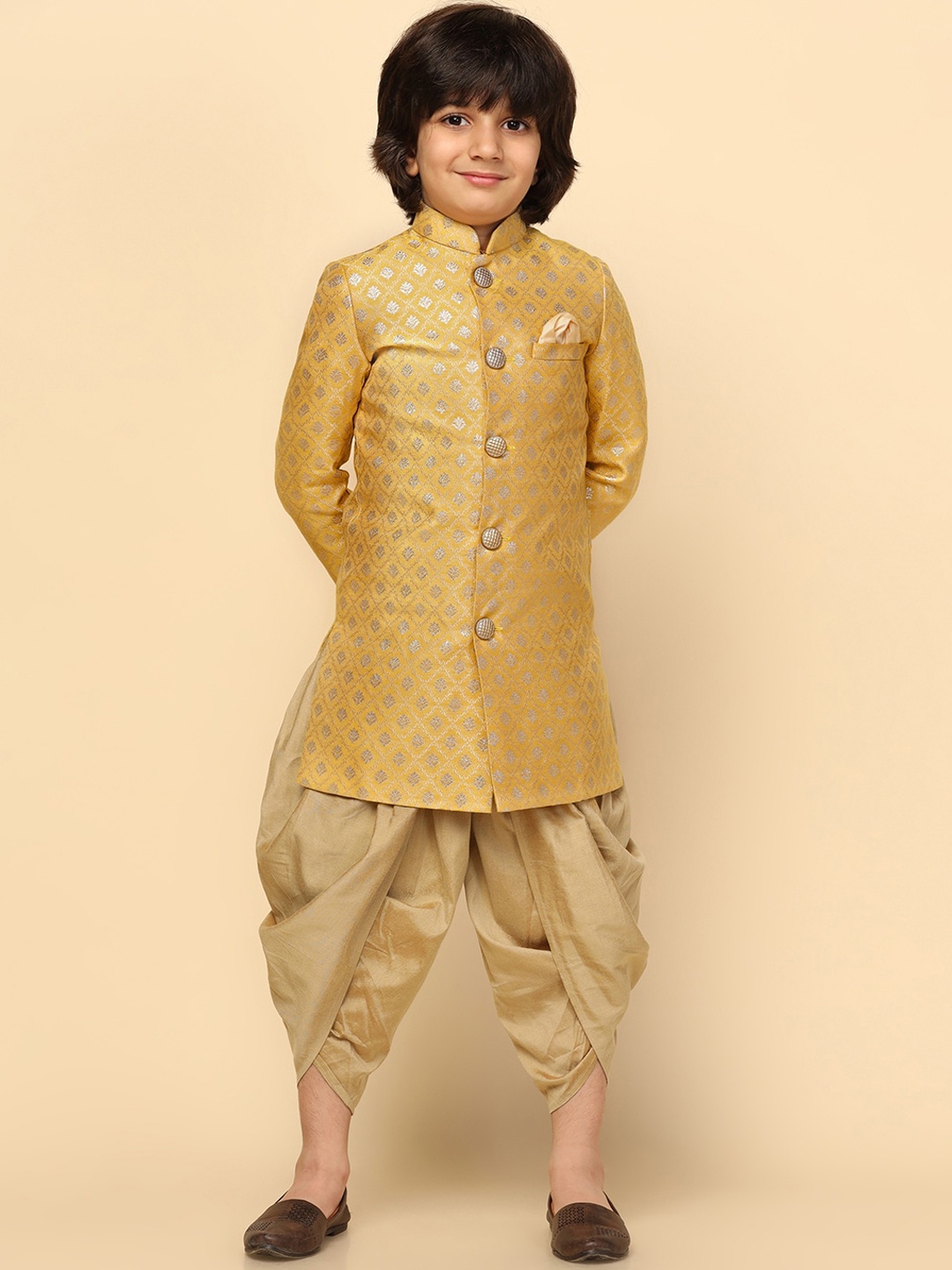 

KISAH Boys Woven Design Mandarin Collar Cotton Indowestern Sherwani Set, Mustard