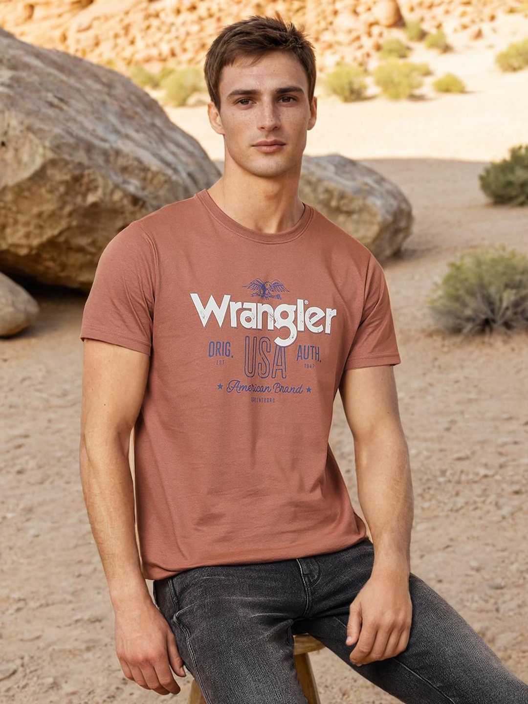 

Wrangler Typography Printed Regular Fit Cotton T-Shirt, Brown