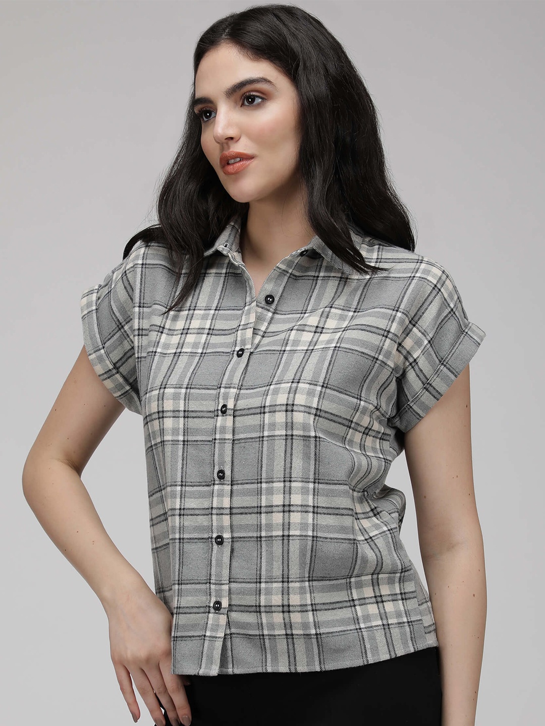 

IDK Gingham Checks Spread Collar Casual Shirt, Grey