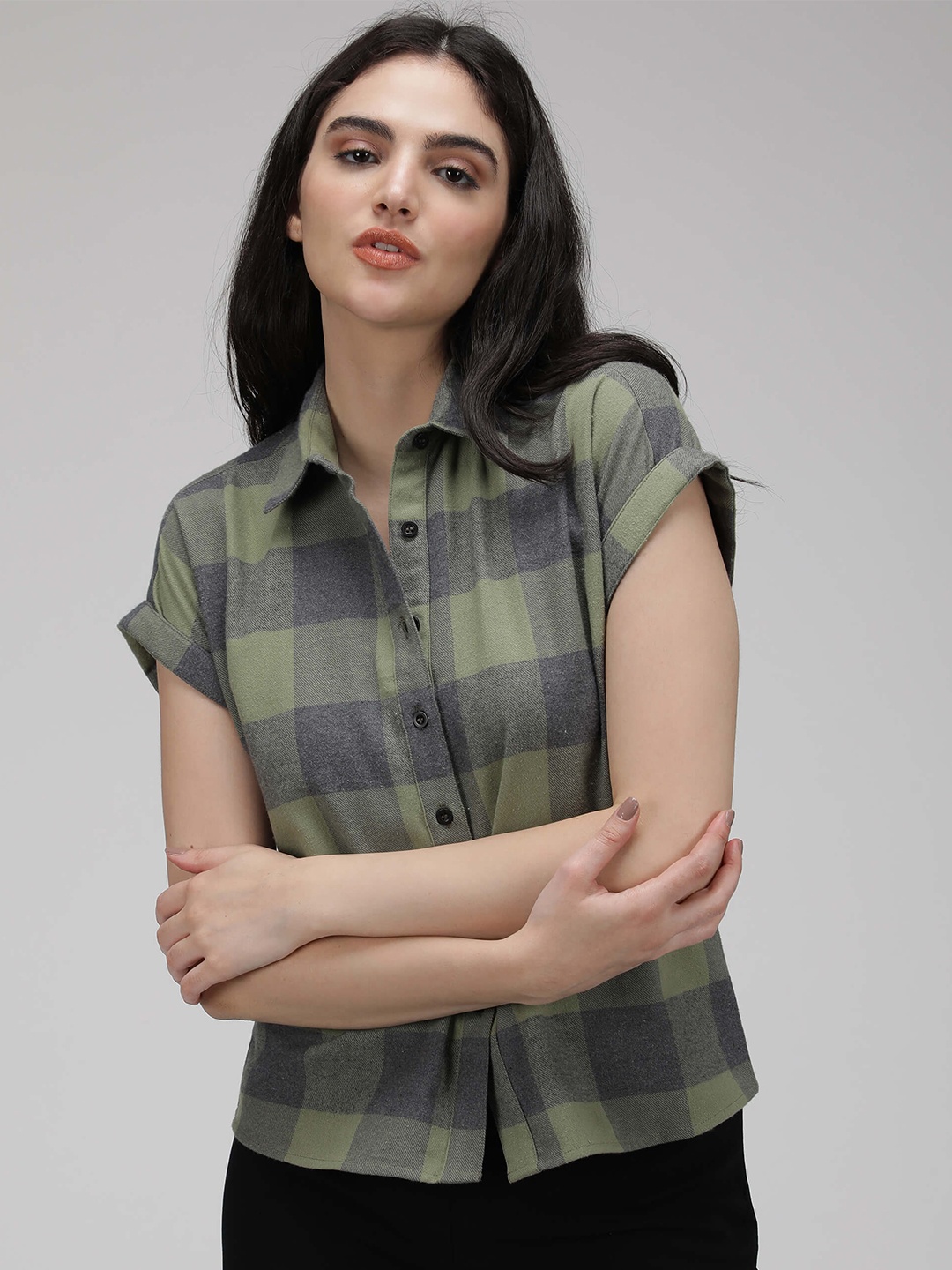 

IDK Gingham Checks Spread Collar Casual Shirt, Green