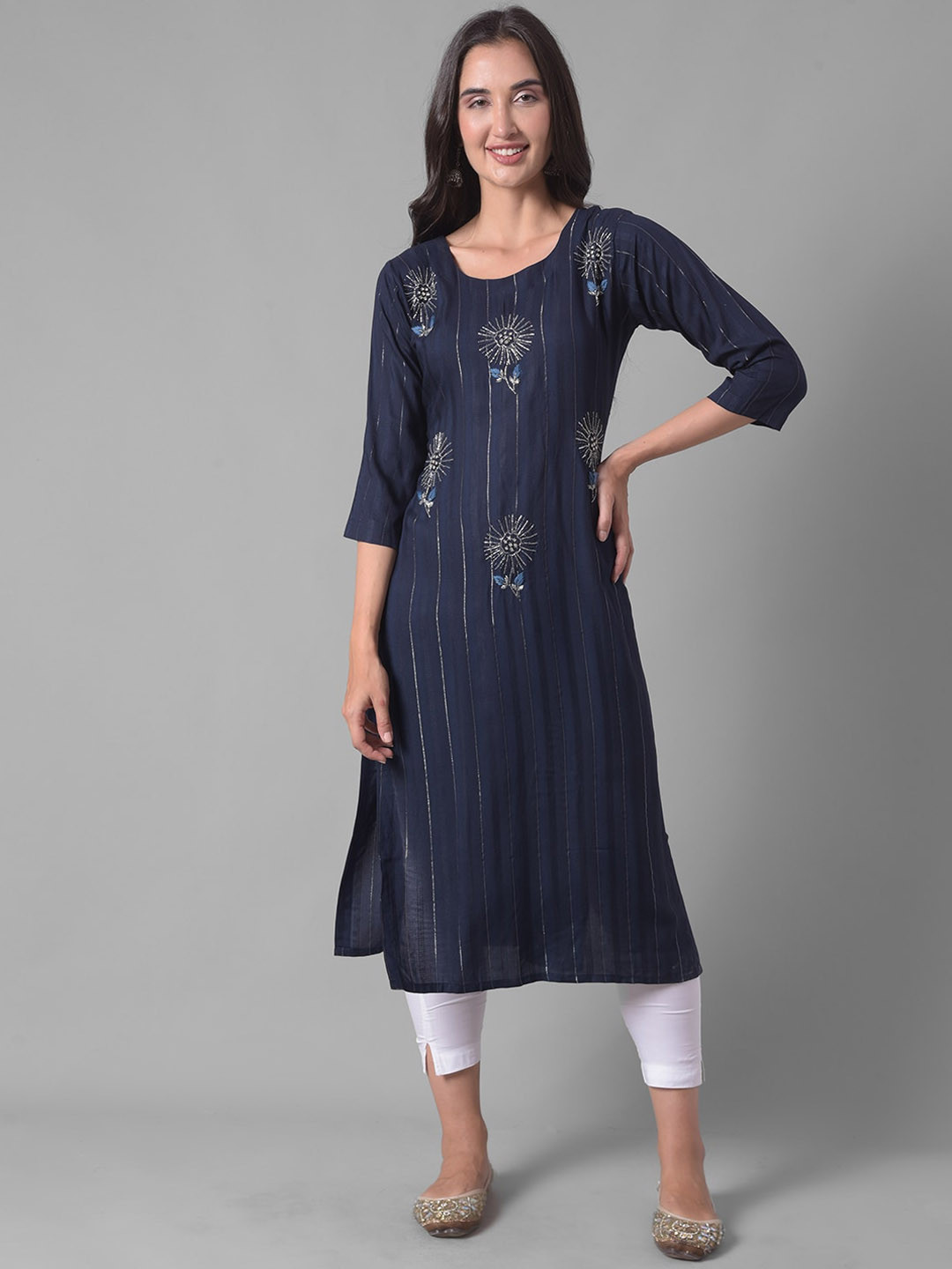 

Dollar Missy Ethnic Motifs Embroidered Beads & Stones Straight Kurta, Navy blue