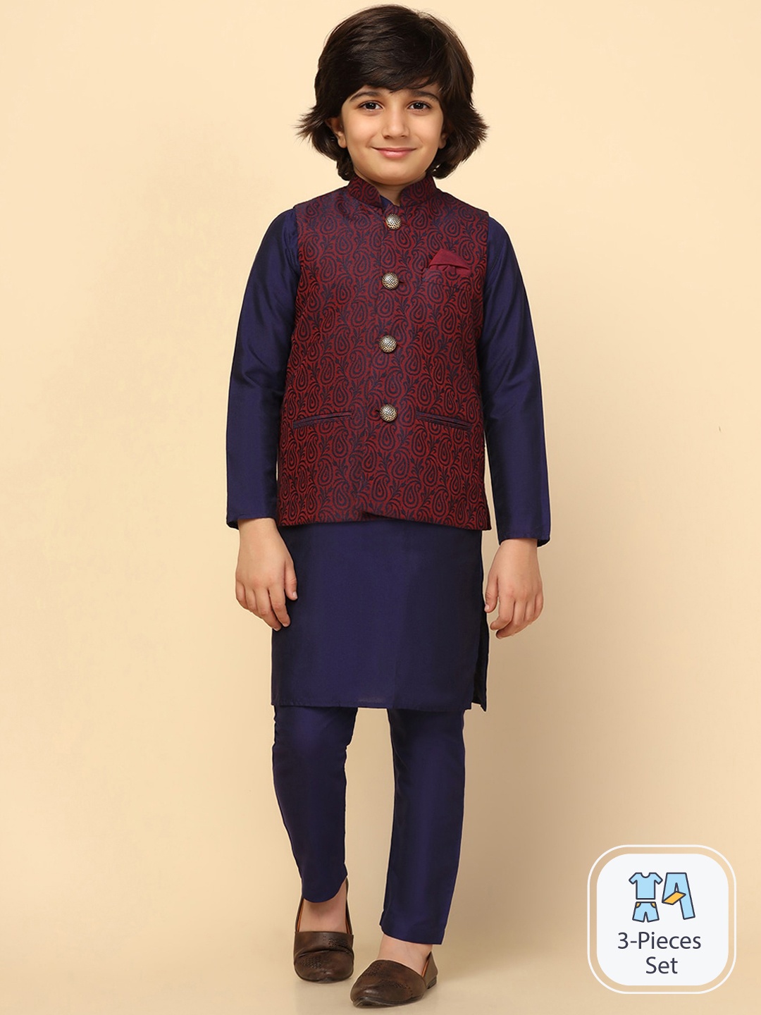 

KISAH Boys Mandarin Collar Kurta With Pyjamas & Nehru Jacket, Purple