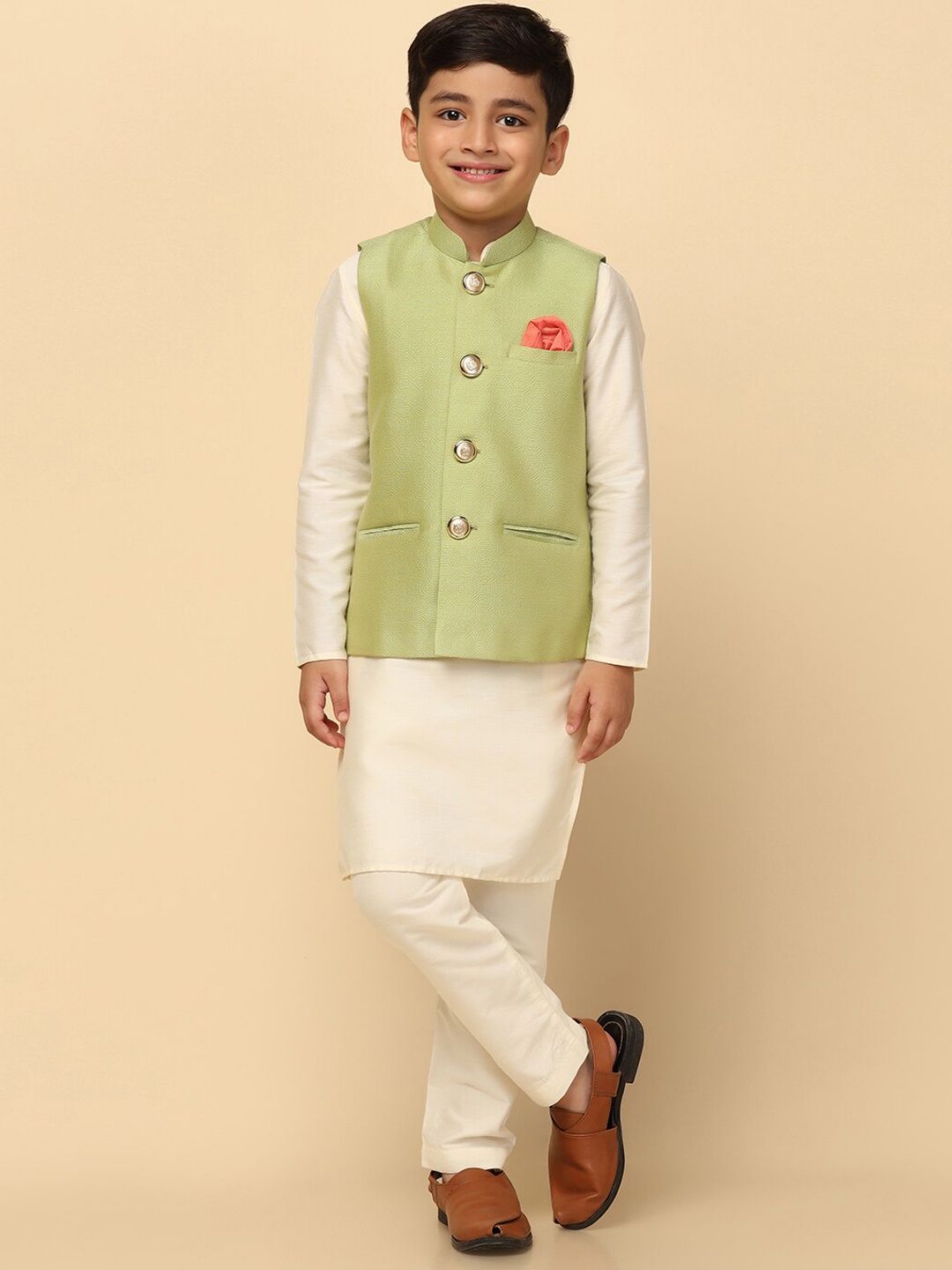 

KISAH Boys Mandarin Collar Kurta With Pyjamas & Nehru Jacket, Cream