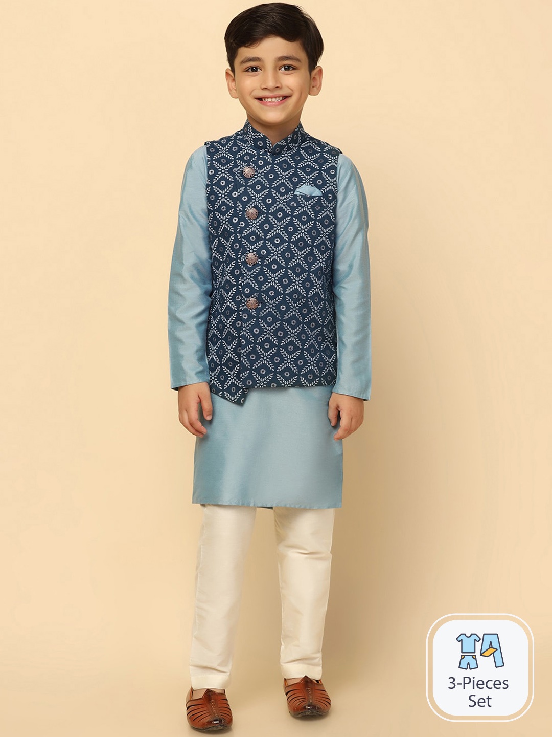 

KISAH Boys Mandarin Collar Kurta with Pyjamas With Printed Nehru Jacket, Blue