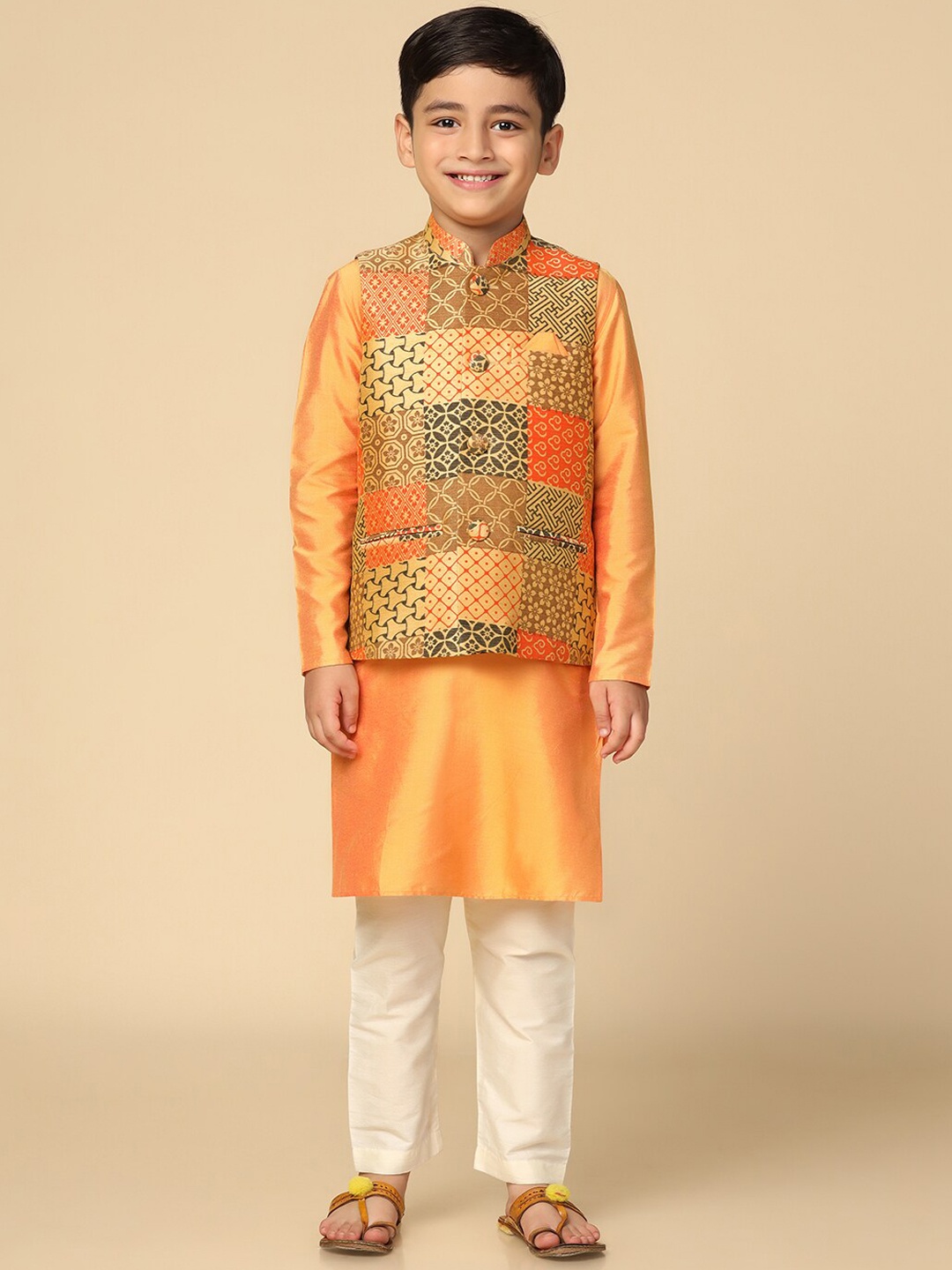 

KISAH Boys Mandarin Collar Kurta With Pyjamas & Nehru Jacket, Orange