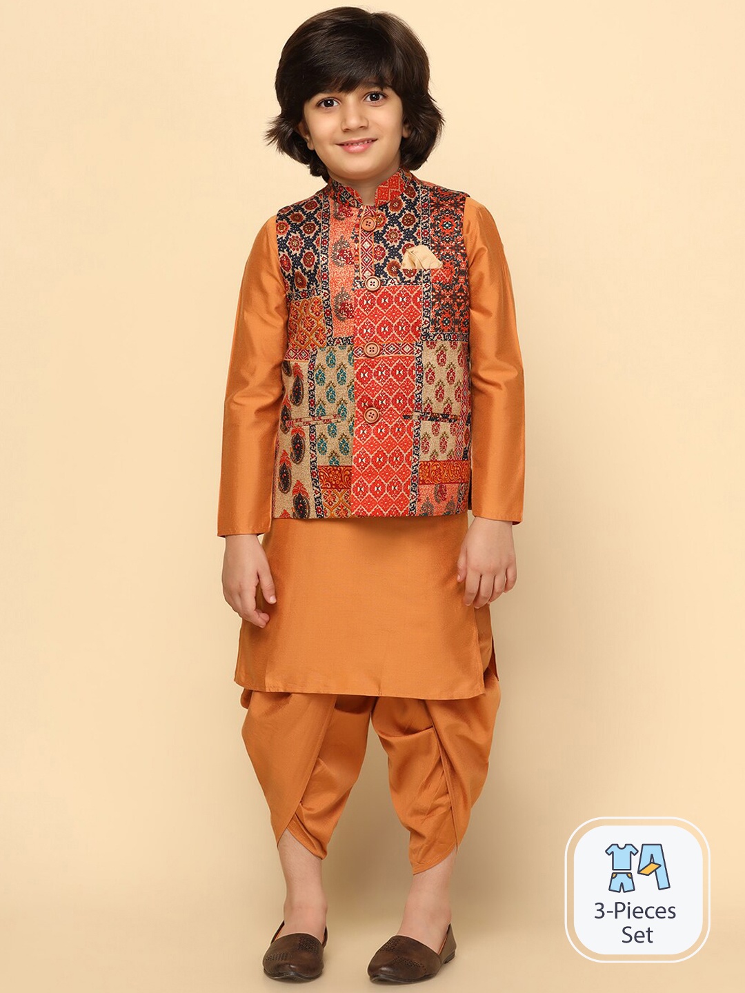 

KISAH Boys Mandarin Collar Kurta With Pyjamas & Printed Nehru Jacket, Orange