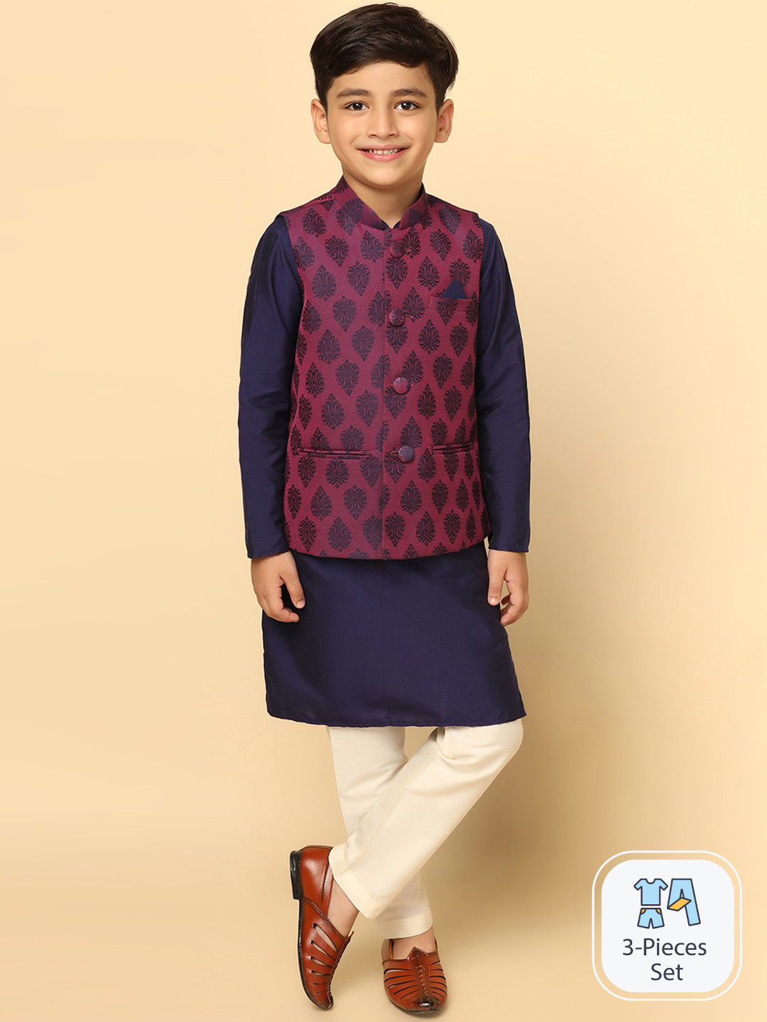 

KISAH Boys Mandarin Collar Kurta With Pyjamas & Nehru Jacket, Purple