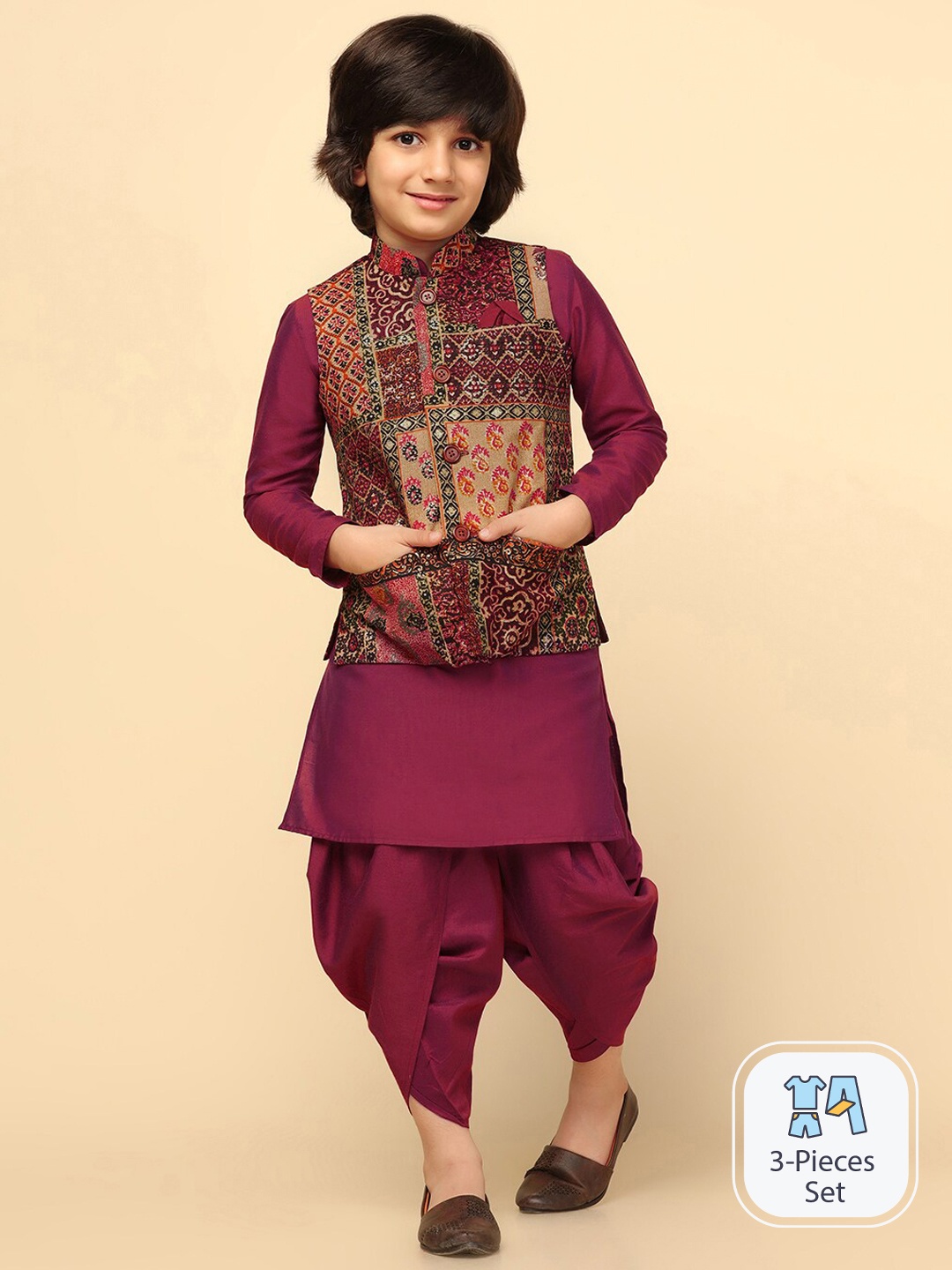 

KISAH Boys Mandarin Collar Kurta With Pyjamas & Printed Nehru Jacket, Maroon