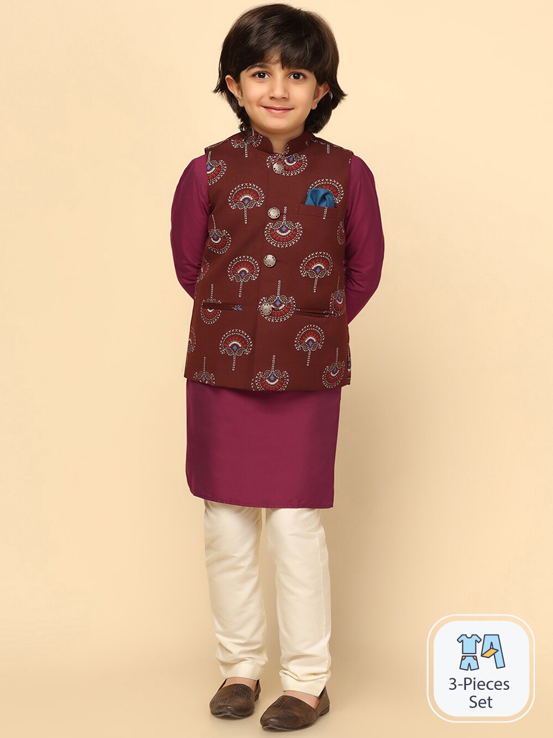 

KISAH Boys Mandarin Collar Kurta With Pyjamas & Thread Work Nehru Jacket, Maroon