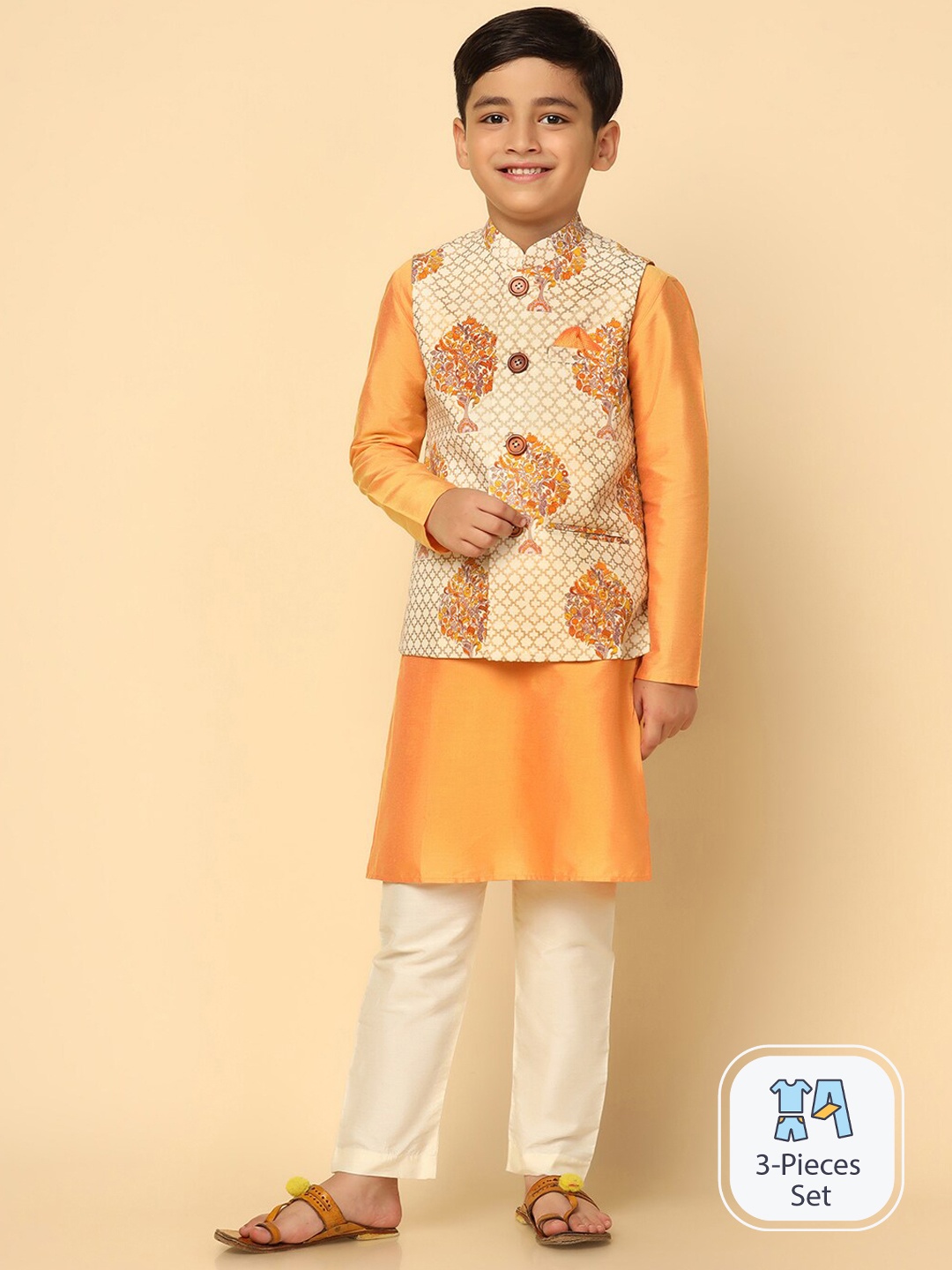 

KISAH Boys Mandarin Collar Kurta With Pyjamas & Nehru Jacket, Yellow