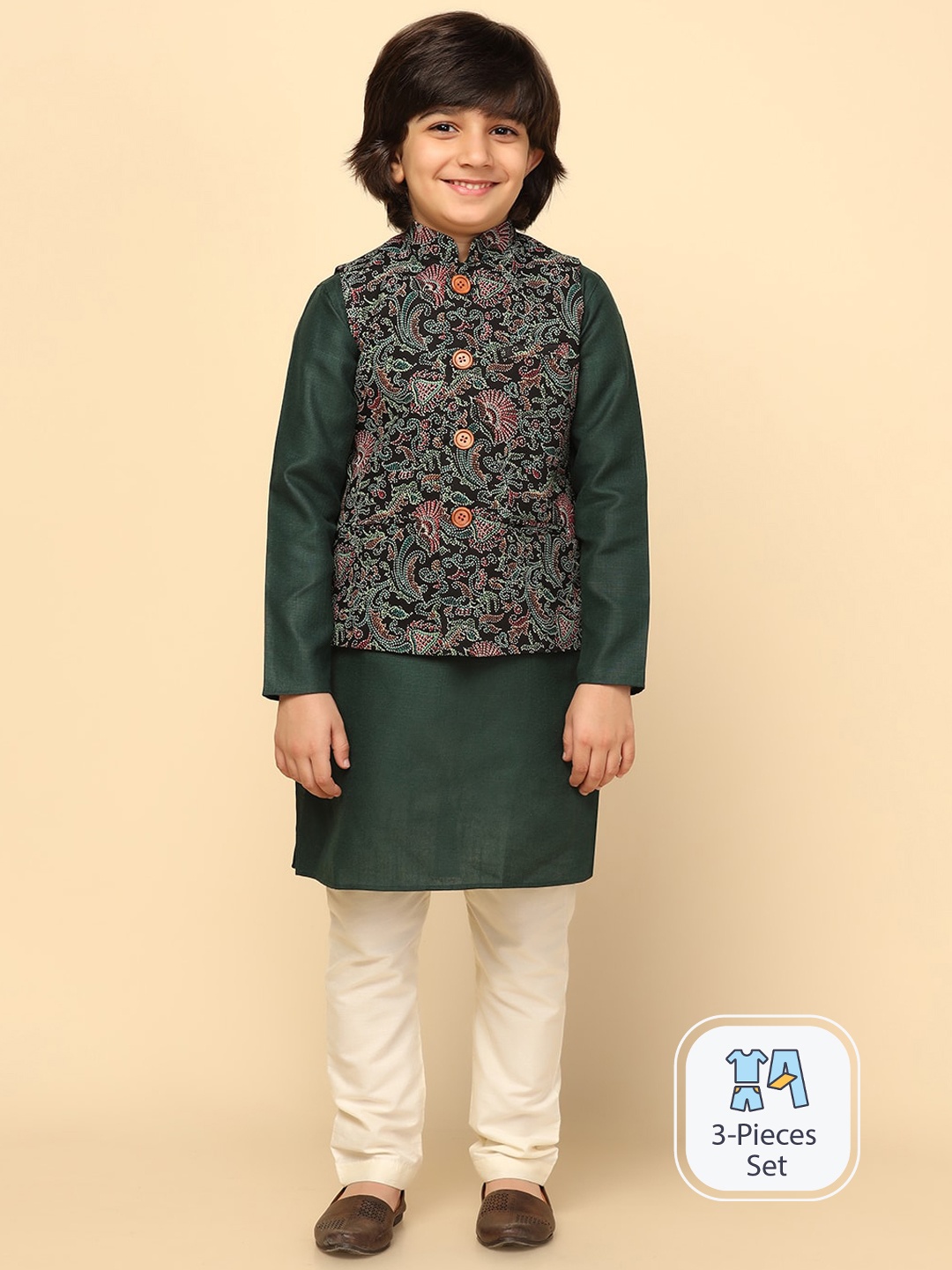 

KISAH Boys Kantha Printed Regular Fit Kurta Jacket Pyjama Set, Black