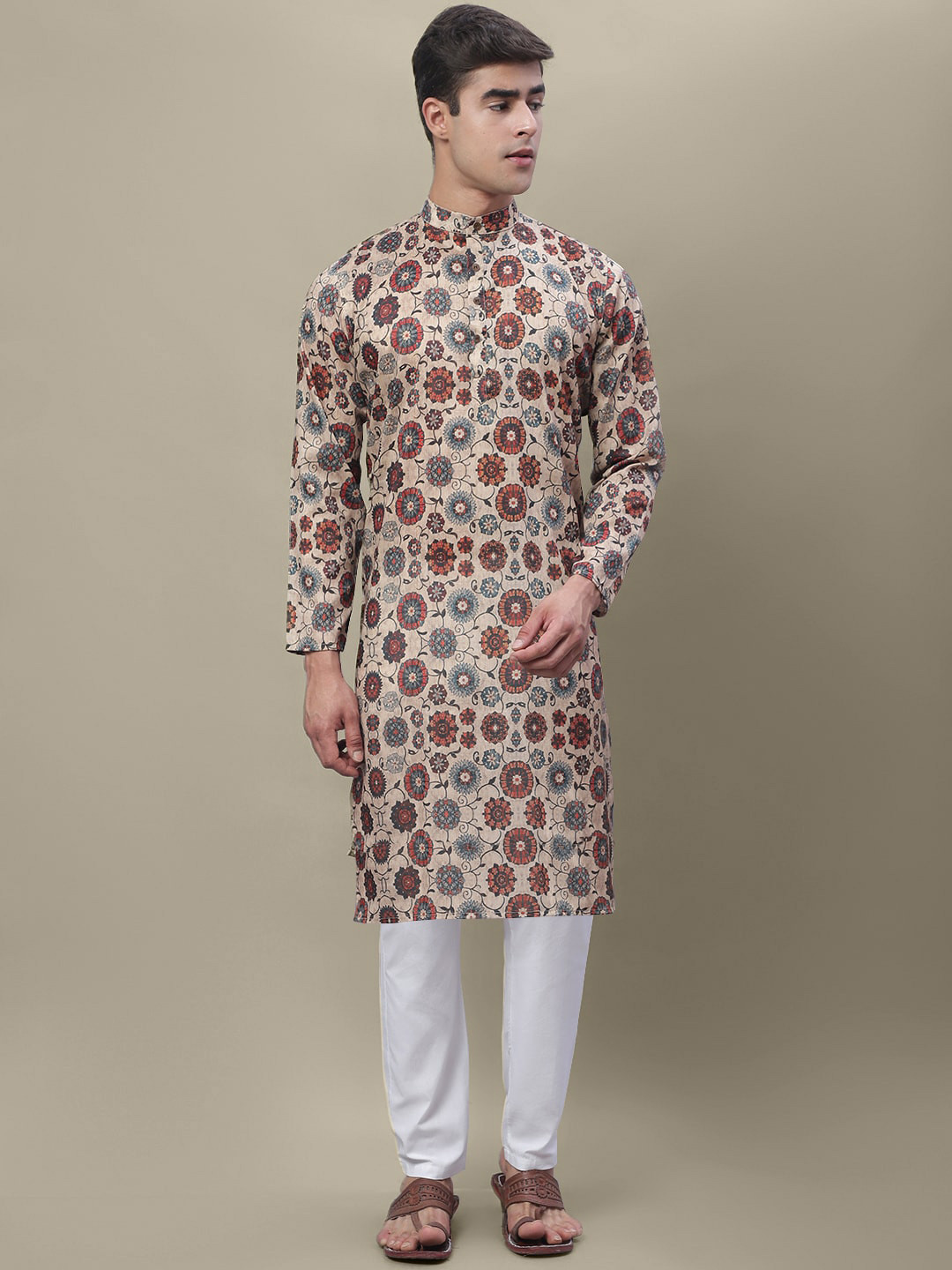 

7Threads Floral Printed Band Collar Regular Kurta, Brown
