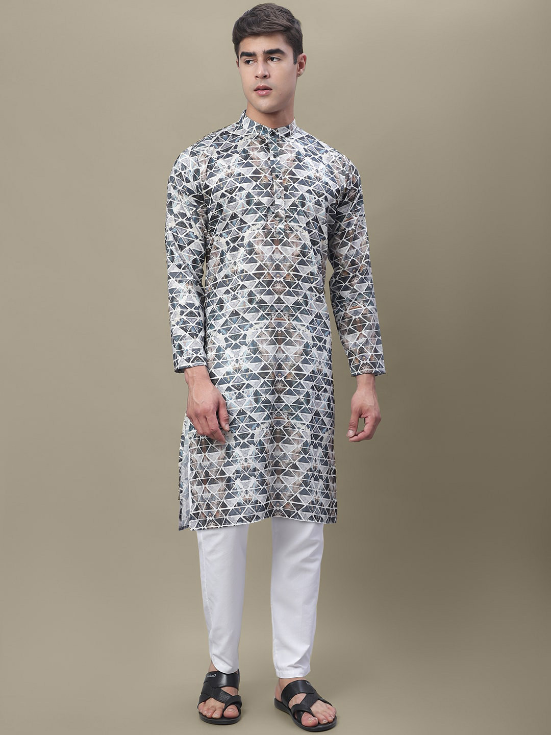 

7Threads Geometric Printed Band Collar Regular Kurta, Silver