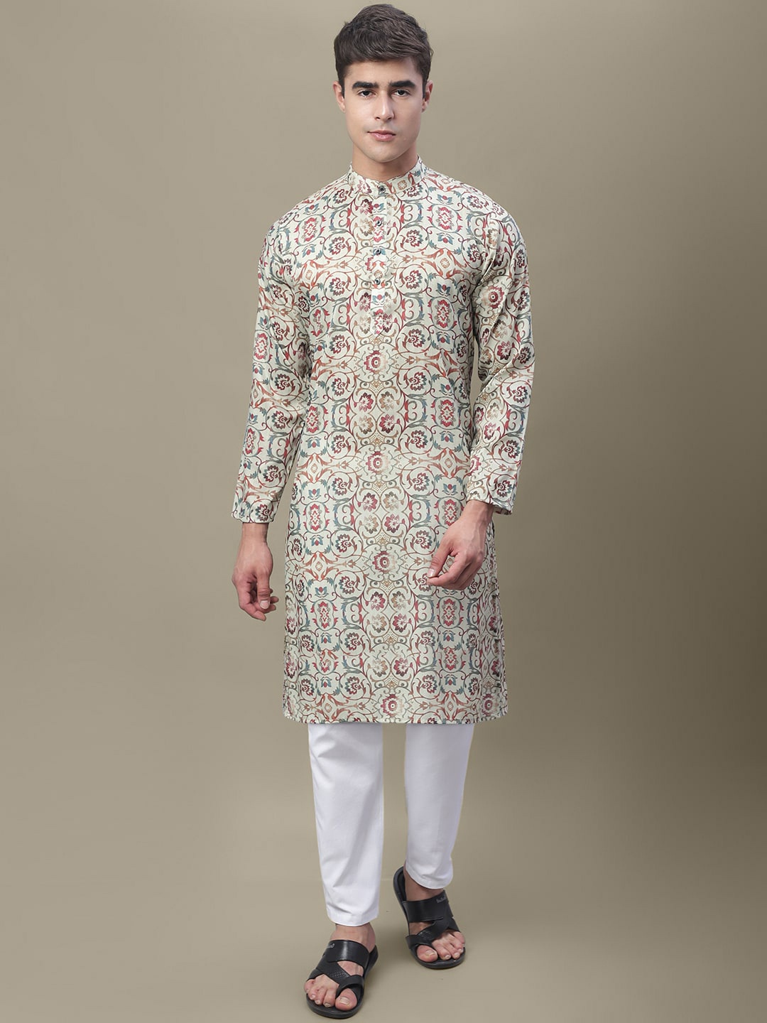 

7Threads Ethnic Motifs Printed Band Collar Regular Kurta, Beige