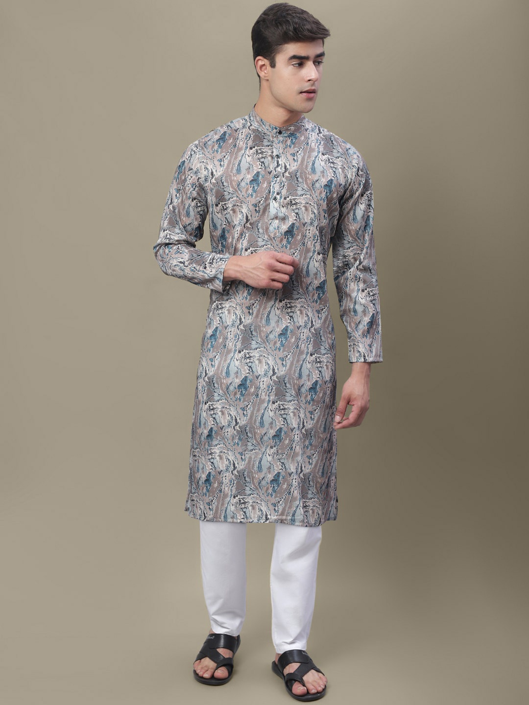 

7Threads Abstract Printed Band Collar Regular Kurta, Grey