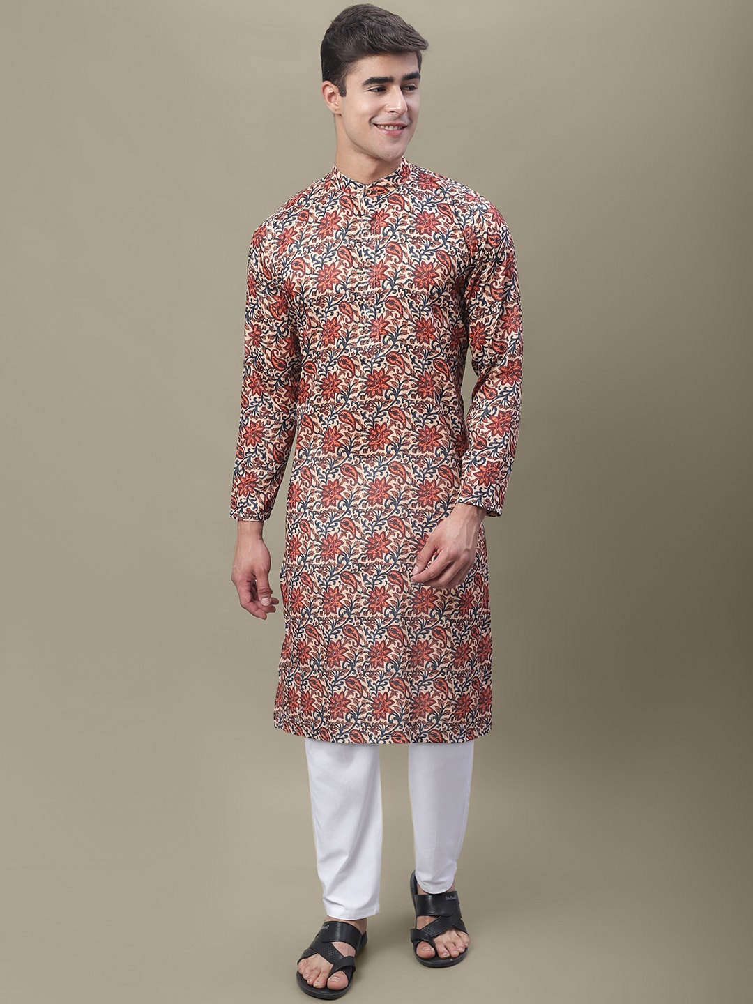 

7Threads Ethnic Motifs Printed Band Collar Regular Kurta, Red