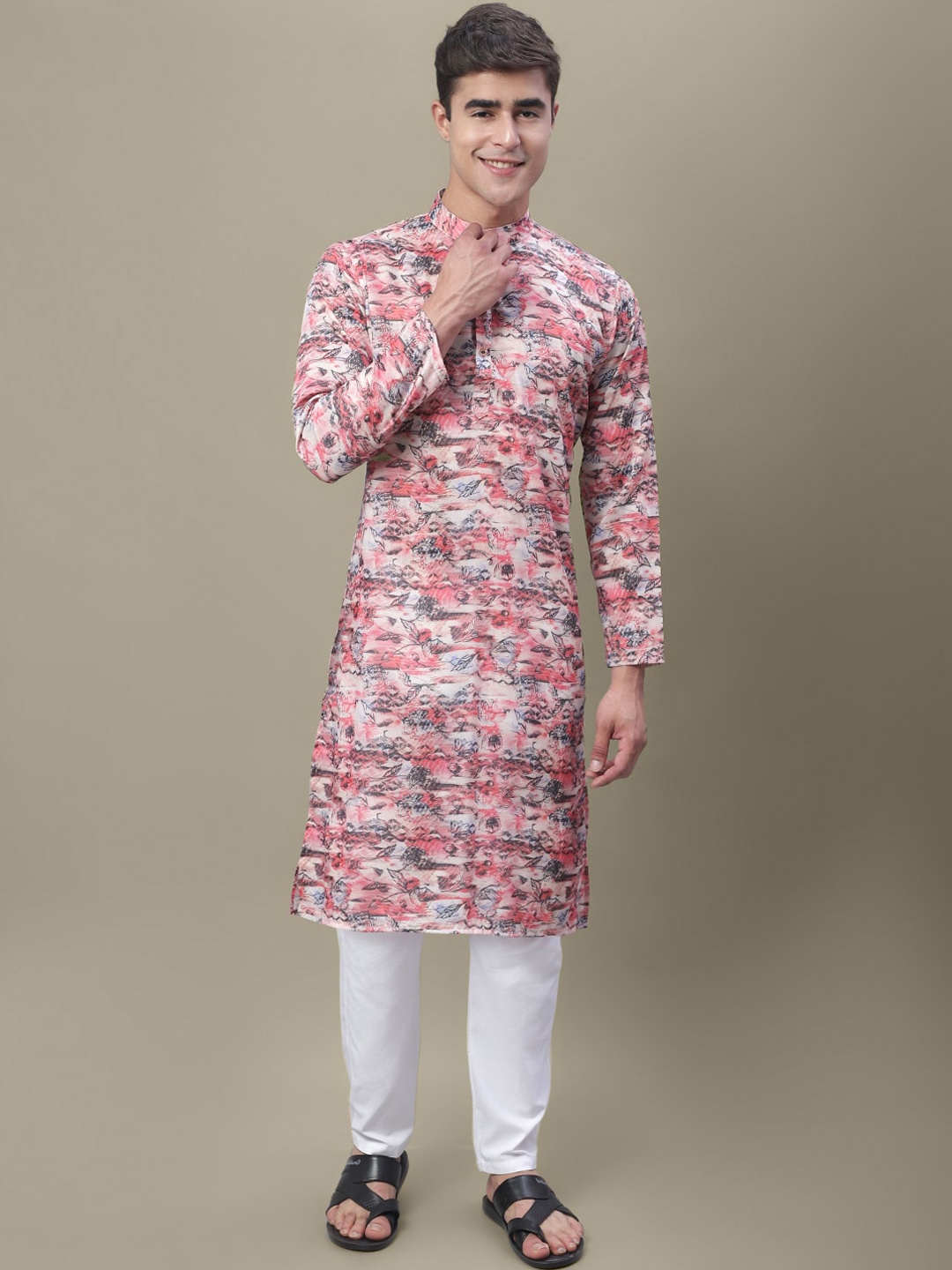 

7Threads Floral Printed Band Collar Regular Kurta, Pink