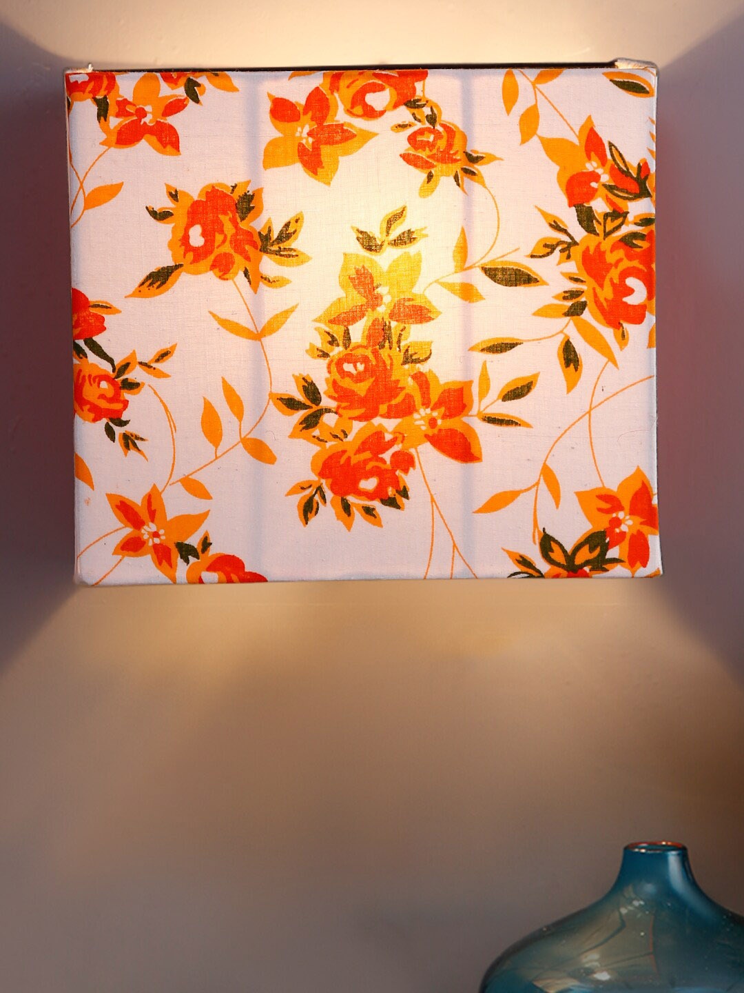 Devansh White & Orange Printed Cotton Half Square Wall Mounted Lamp