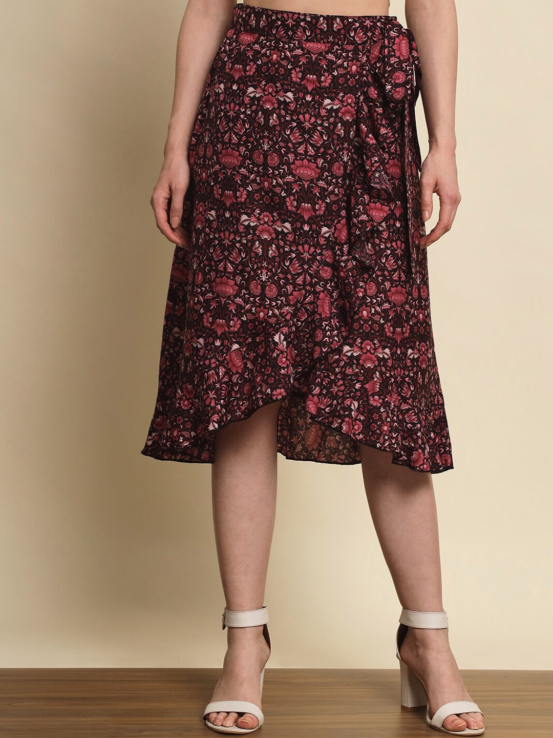 

Trend Arrest Floral Printed Wrap-Around Midi Skirt, Black