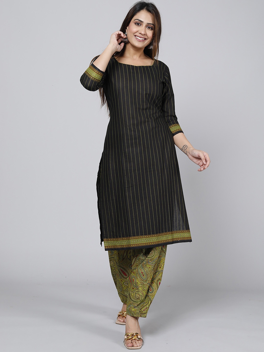 

Jevi Prints Women Striped Regular Pure Cotton Kurta with Salwar & With Dupatta, Coffee brown