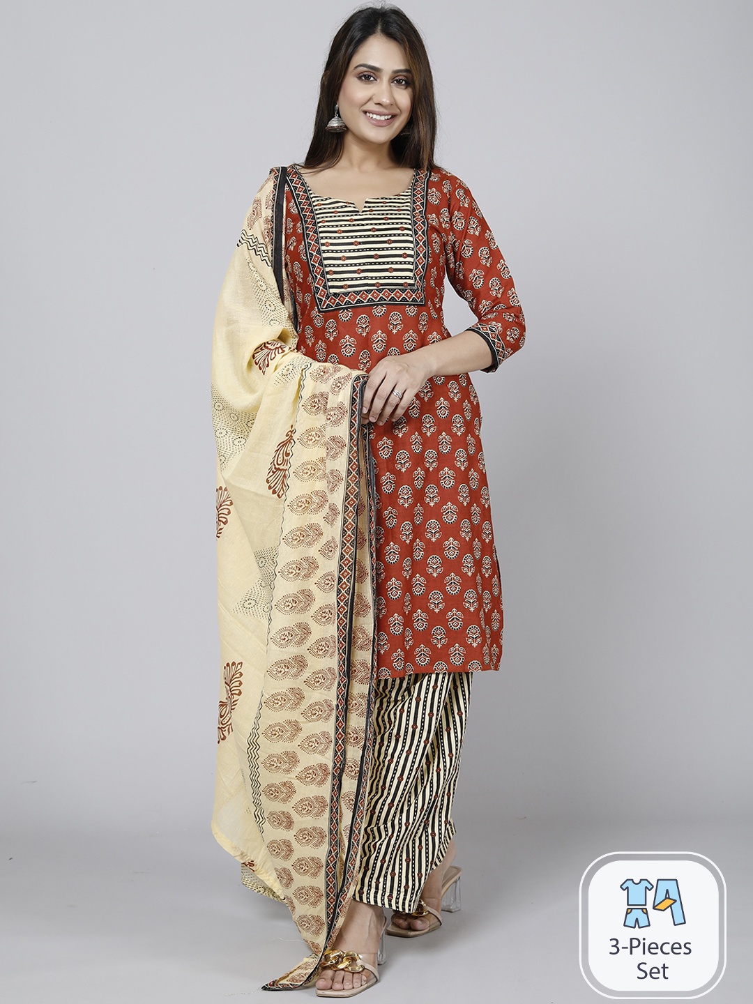 

Jevi Prints Women Ethnic Motifs Printed Pure Cotton Kurta with Patiala & With Dupatta, Red