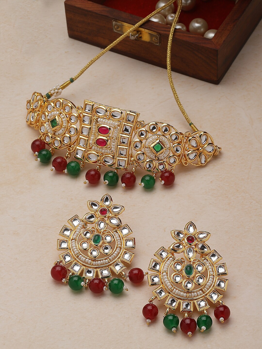 

PANASH Gold-Plated Kundan-Studded & Beaded Jewellery Set